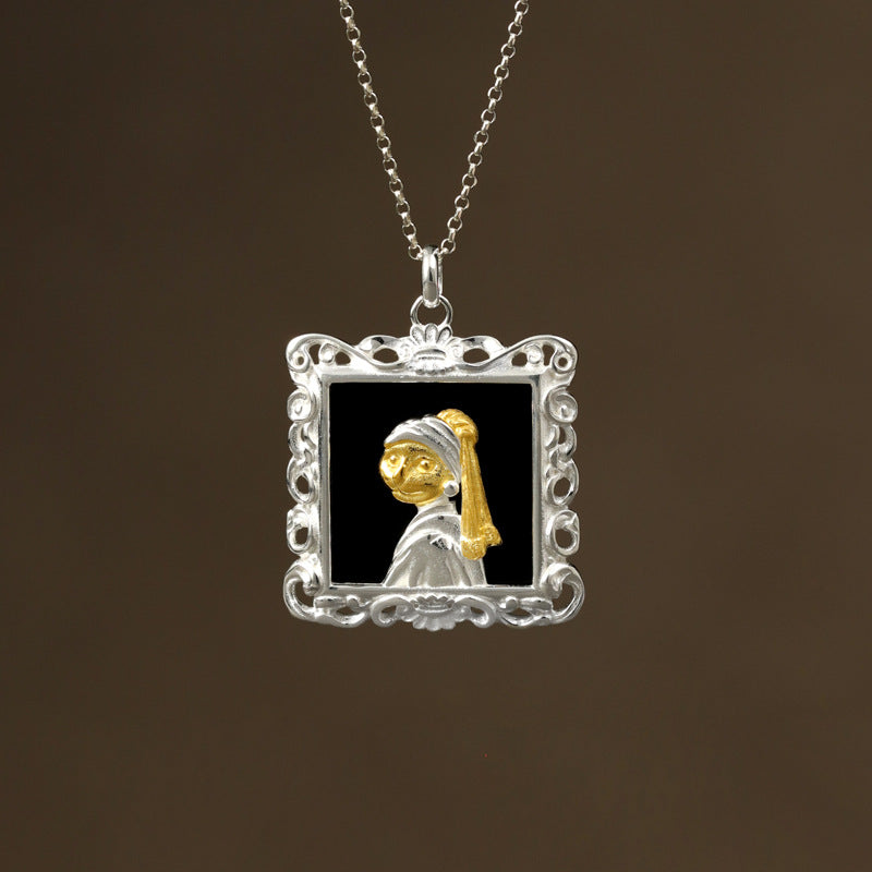 Girl with a Pearl Cat Pendant – Sterling Silver with Onyx