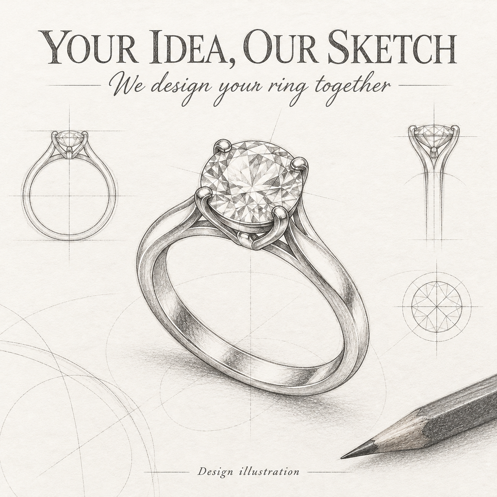 Your Idea, Our Sketch — collaborative custom ring design, pencil service illustration.