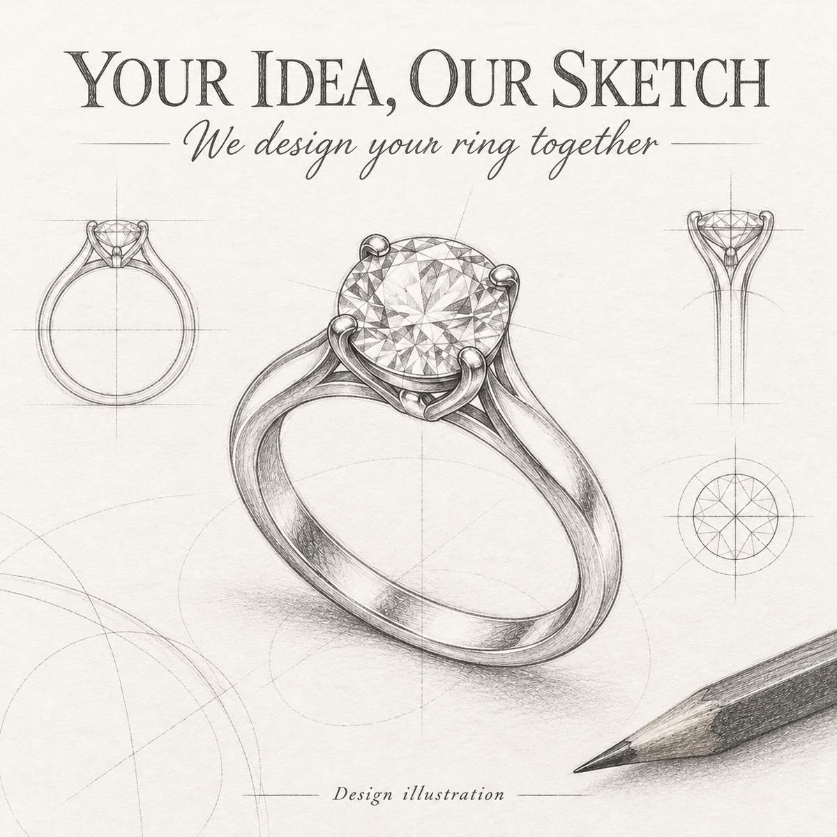 Your Idea, Our Sketch — collaborative custom ring design, pencil service illustration.