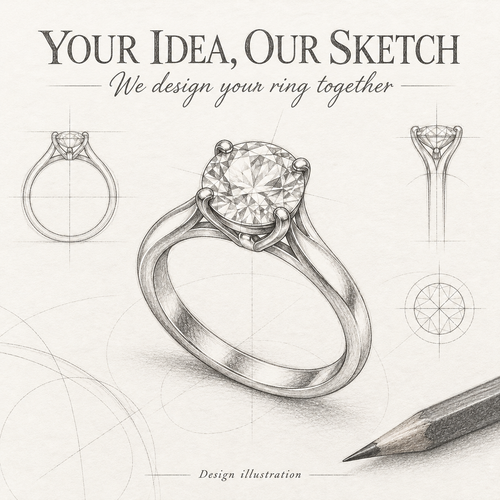 Your Idea, Our Sketch — collaborative custom ring design, pencil service illustration.