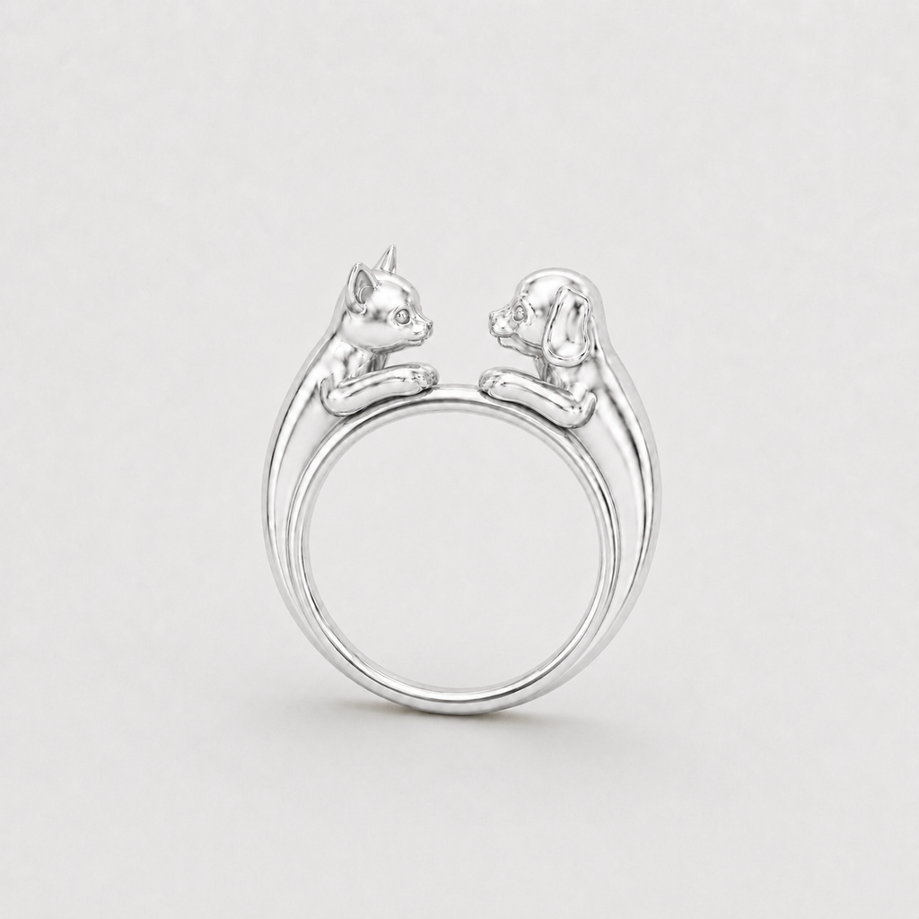 Custom story ring in sterling silver with a cat and dog facing each other — Heiracle