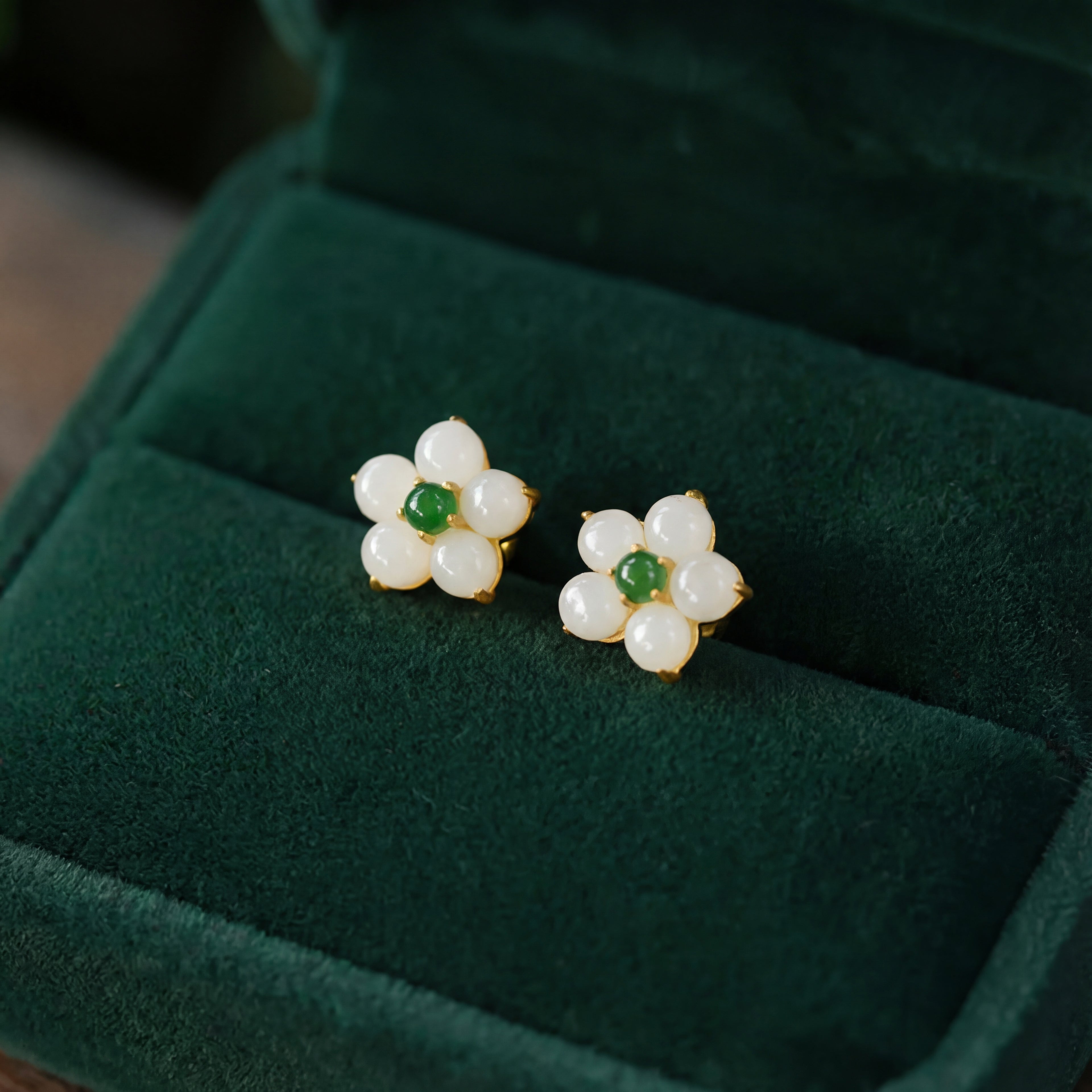 Floral White Jade Stud Earrings – 18K Gold Vermeil