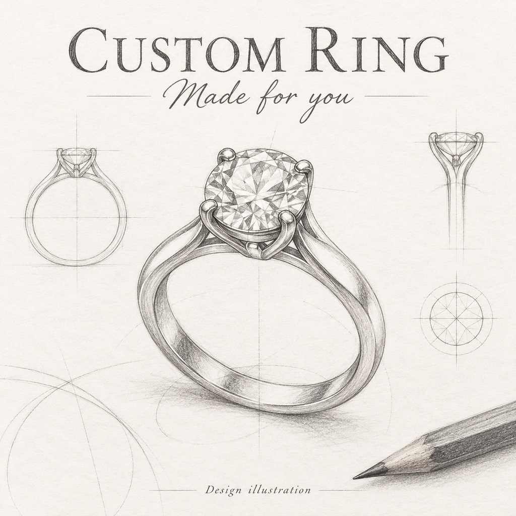 Custom Ring — Made for you. Hand-drawn pencil illustration of our bespoke ring design service; not a finished product photo.