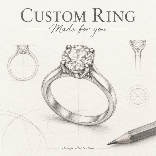 Custom Ring — Made for you. Hand-drawn pencil illustration of our bespoke ring design service; not a finished product photo.