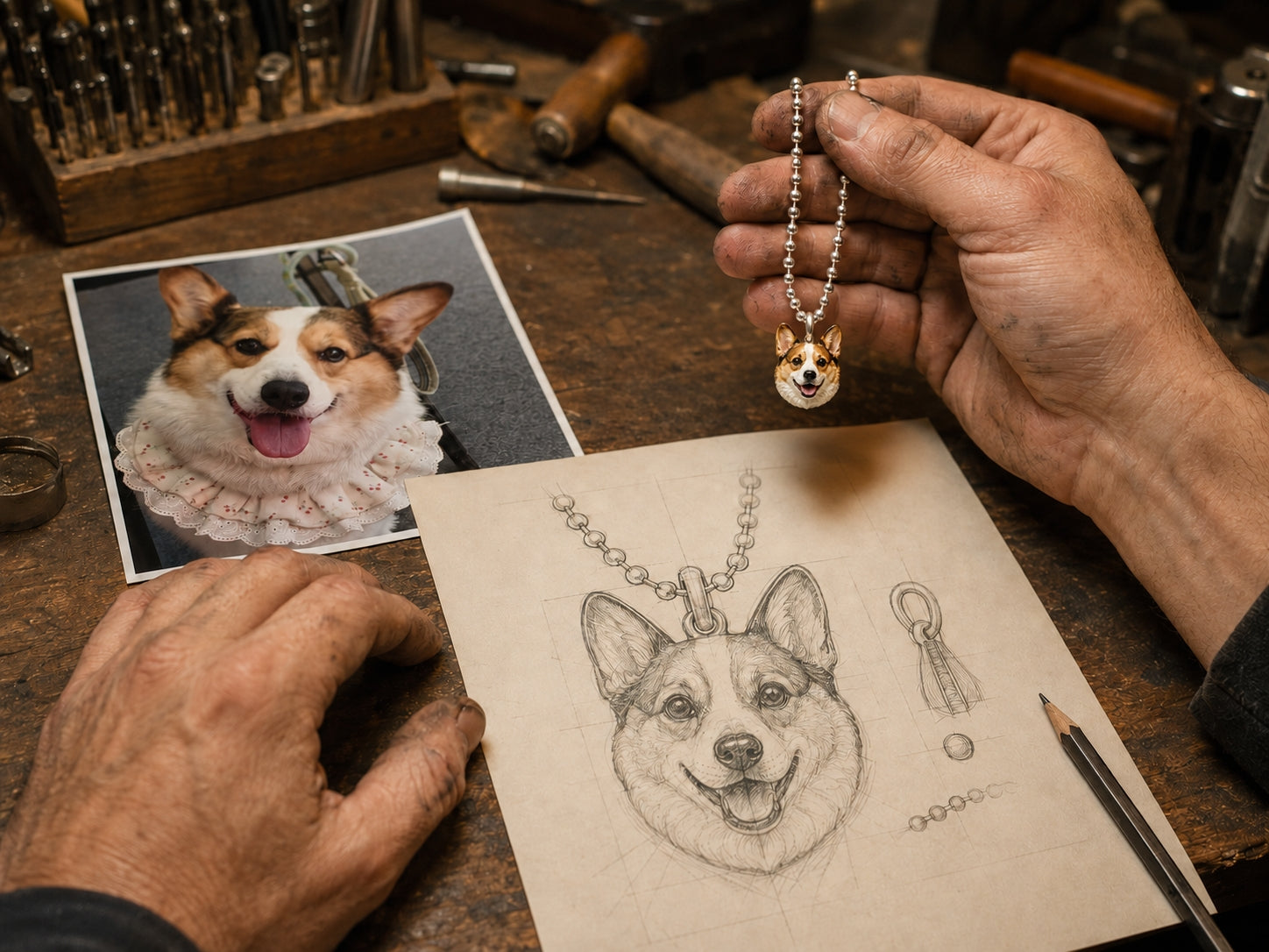 Corgi memorial pendant sketch and reference photo on a jeweler workbench