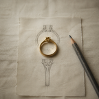 A gold ring standing on a hand-drawn jewellery design sketch — Heiracle custom ring design service