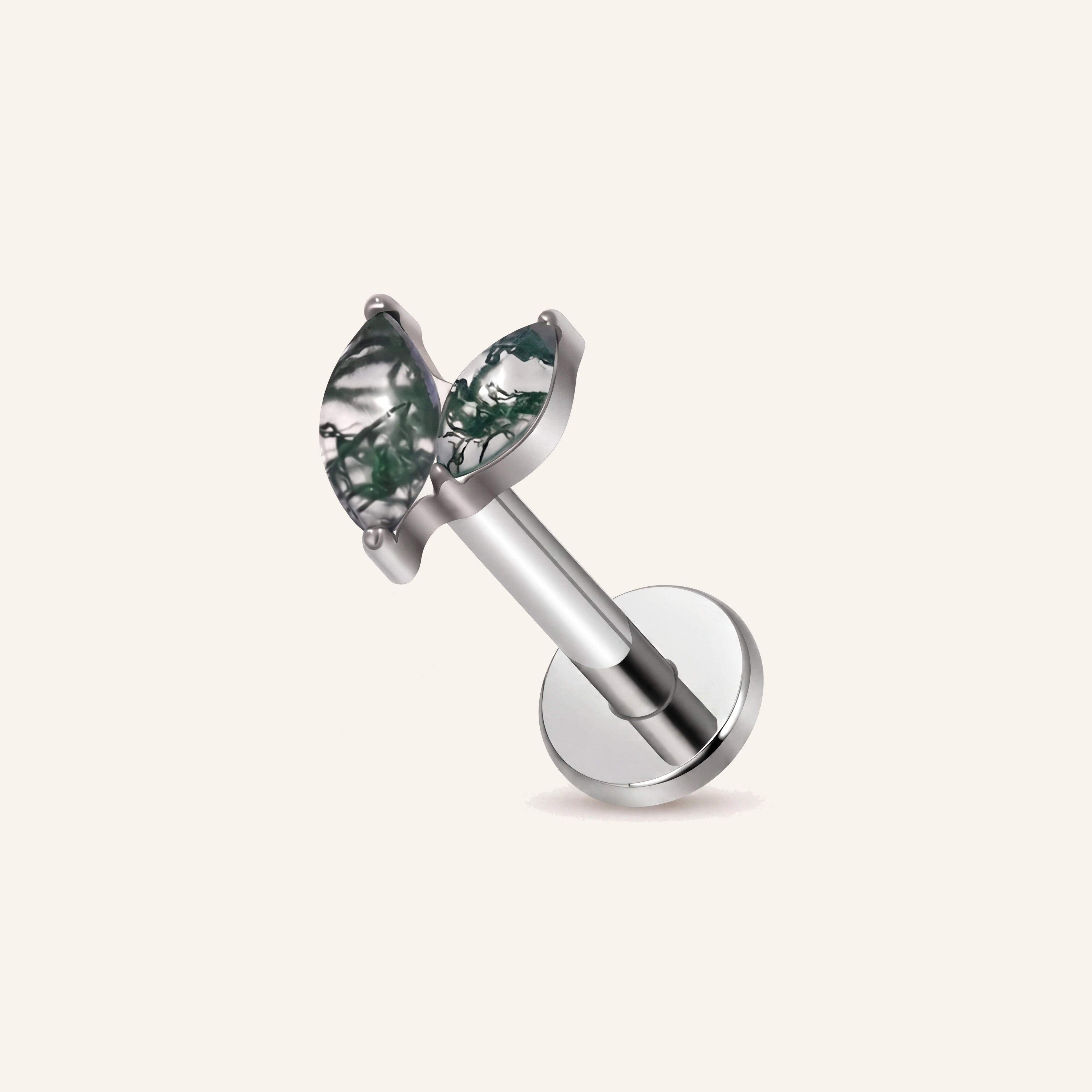 Moss Agate Marquise Titanium Flat Back Earring - Silver