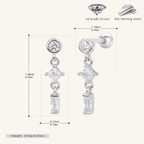 Sterling Silver Twisted Bead Zirconia Drop Flat Back Earrings - Platinum