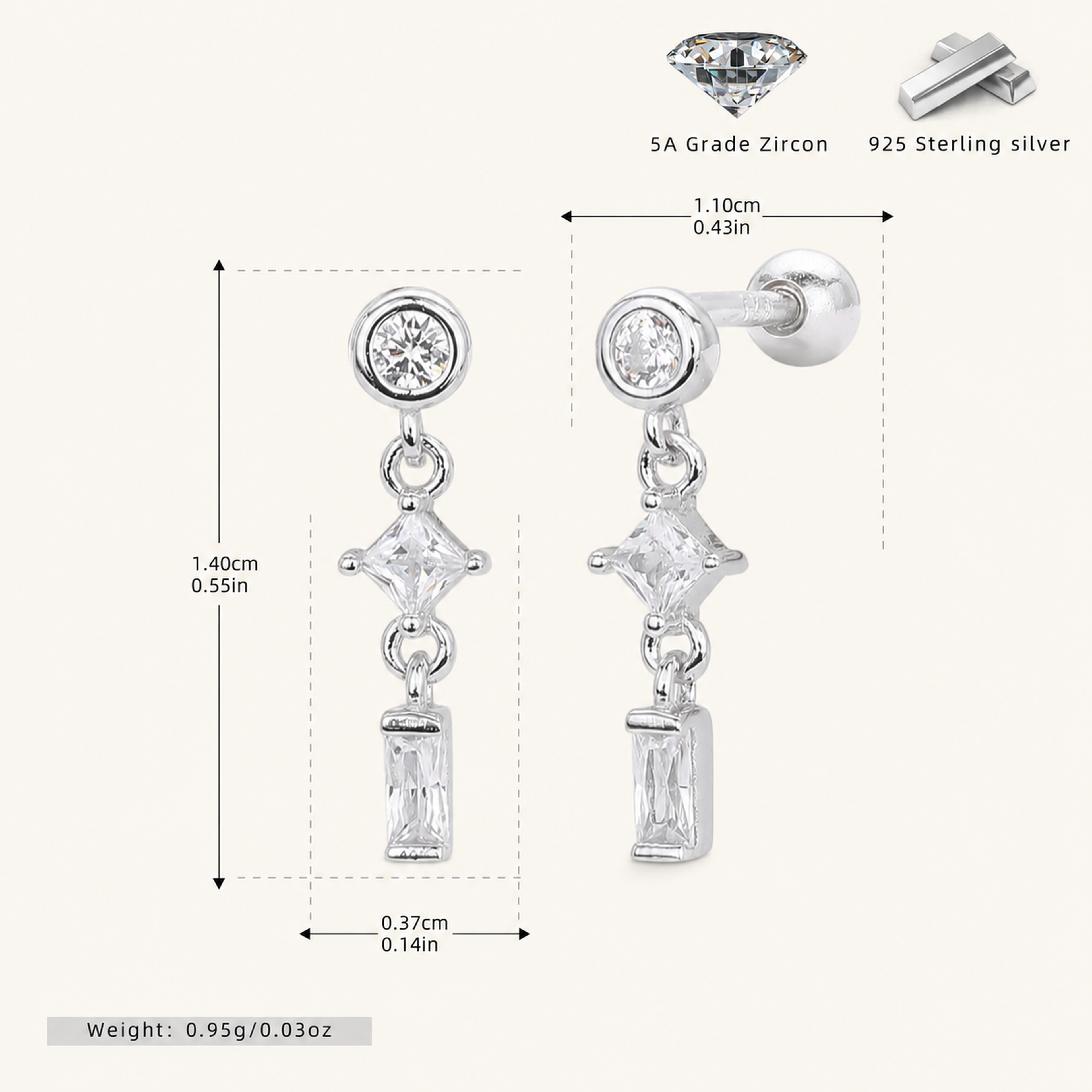 Sterling Silver Twisted Bead Zirconia Drop Flat Back Earrings - Platinum