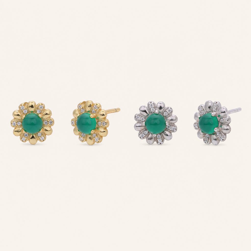 Sterling Silver Green Zirconia Flower Stud Earrings