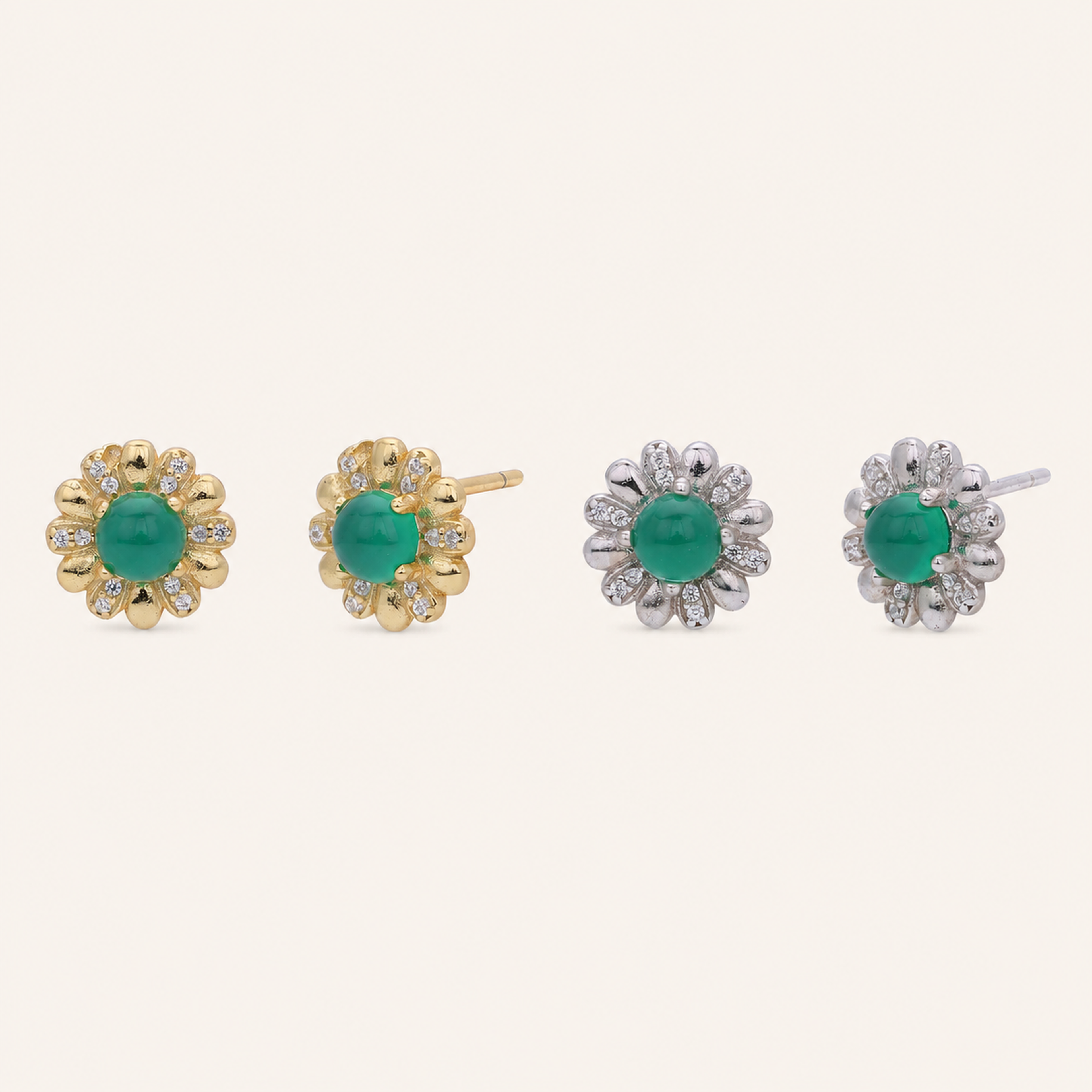 Sterling Silver Green Zirconia Flower Stud Earrings