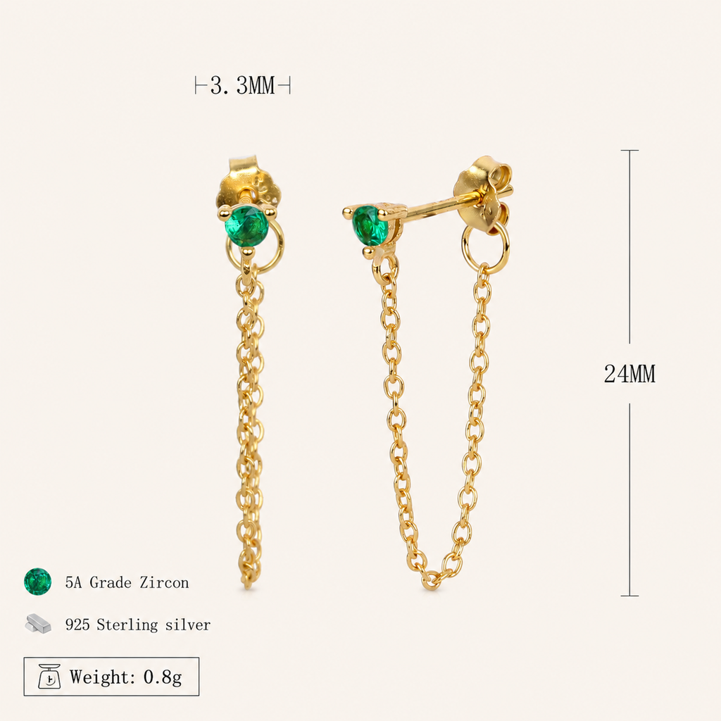 Sterling Silver Turquoise Chain Threader Earrings - Gold / Green