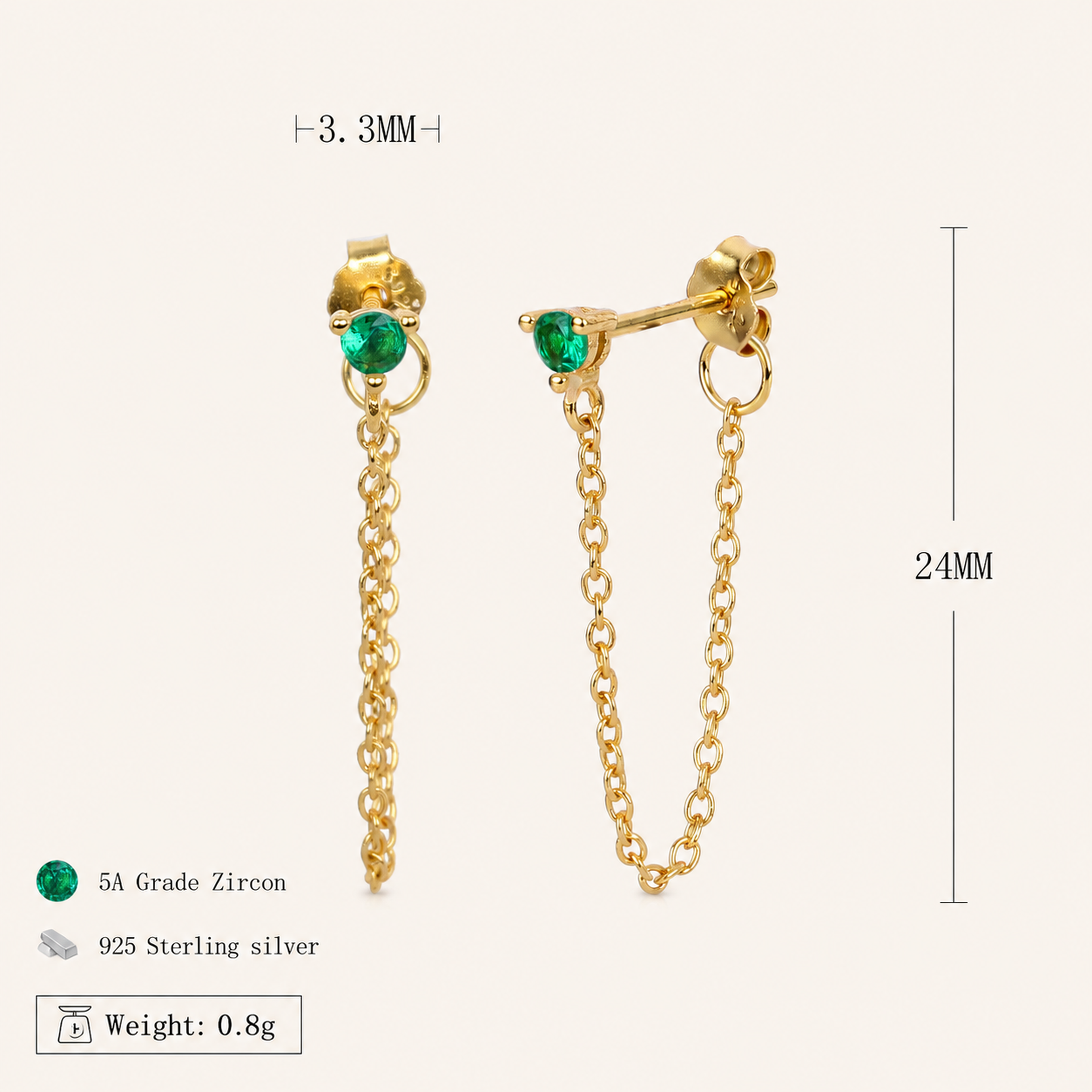 Sterling Silver Turquoise Chain Threader Earrings - Gold / Green