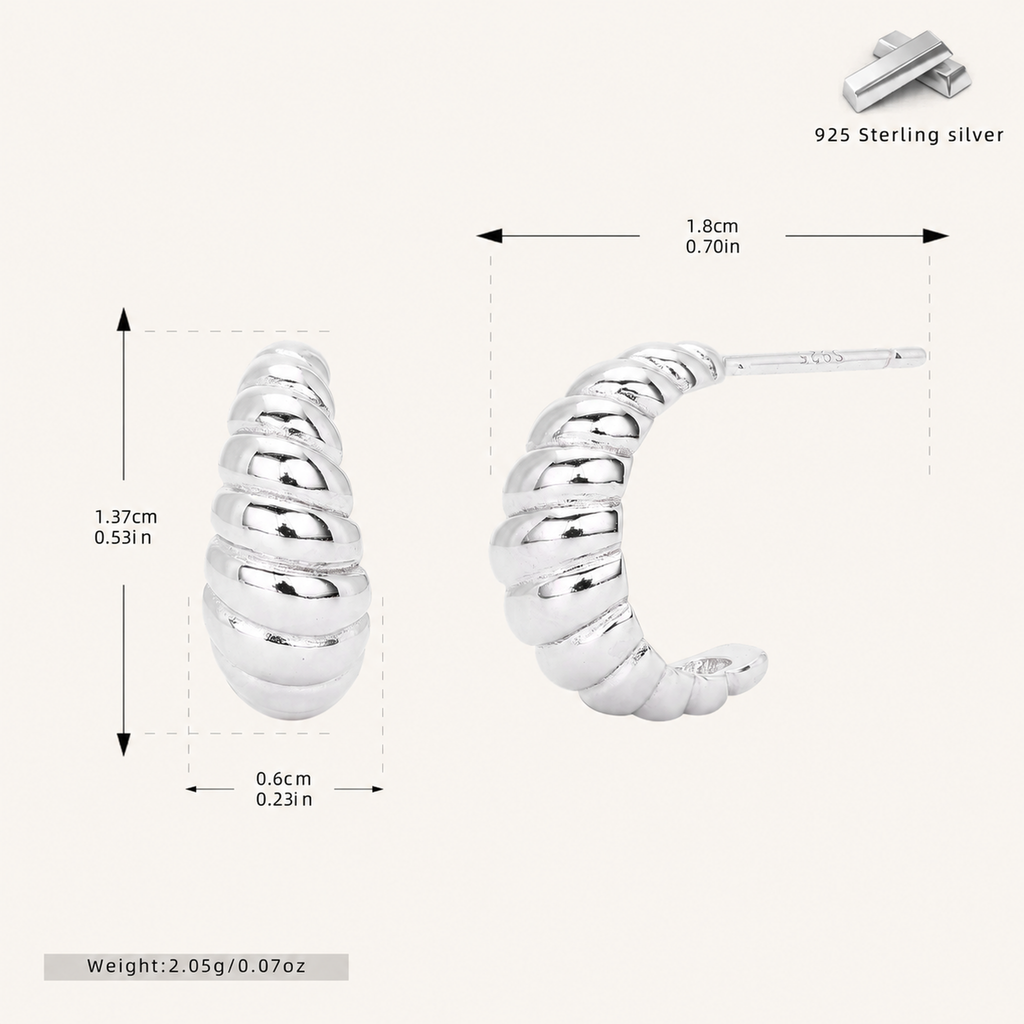 Sterling Silver Croissant Twist Stud Earrings - Platinum