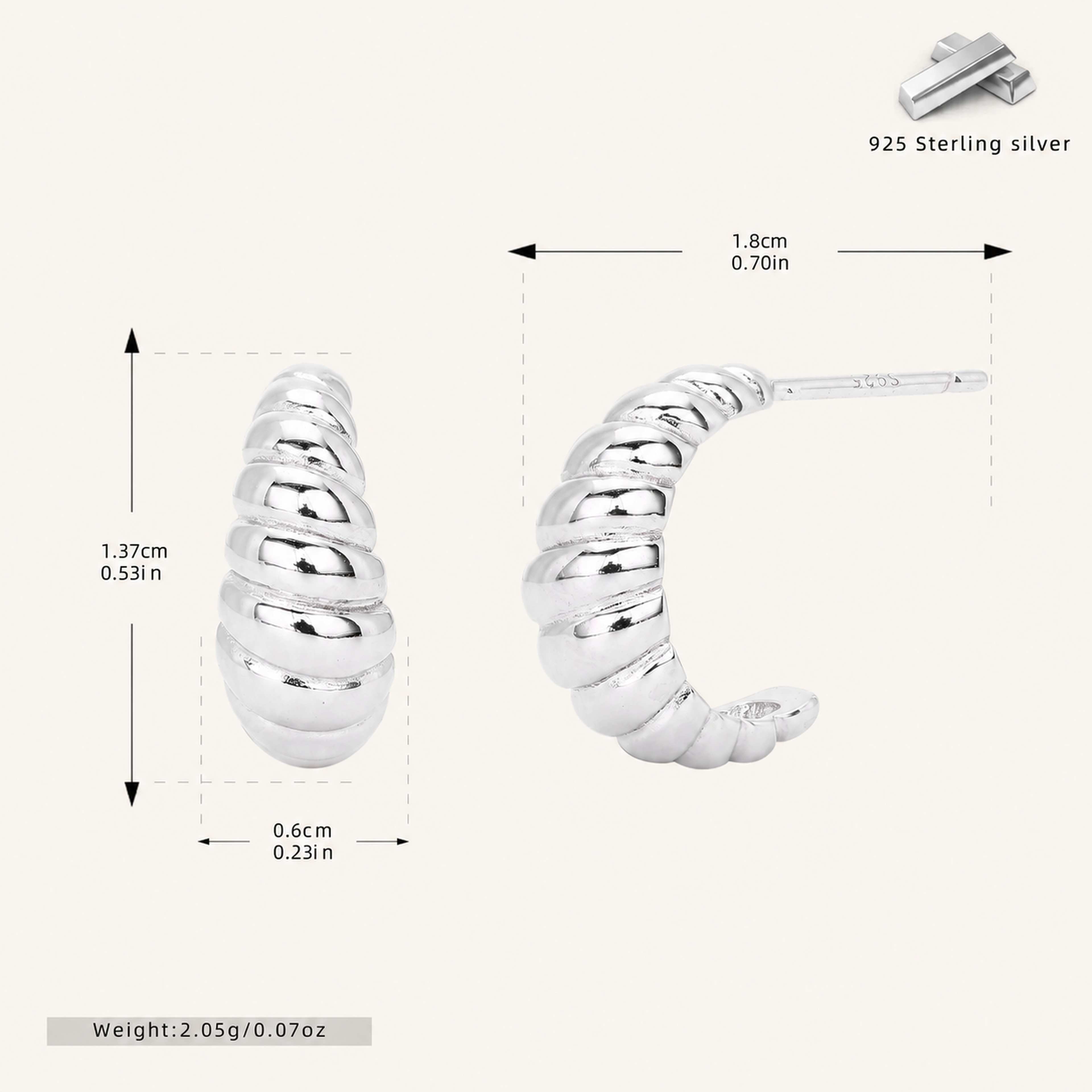 Sterling Silver Croissant Twist Stud Earrings - Platinum