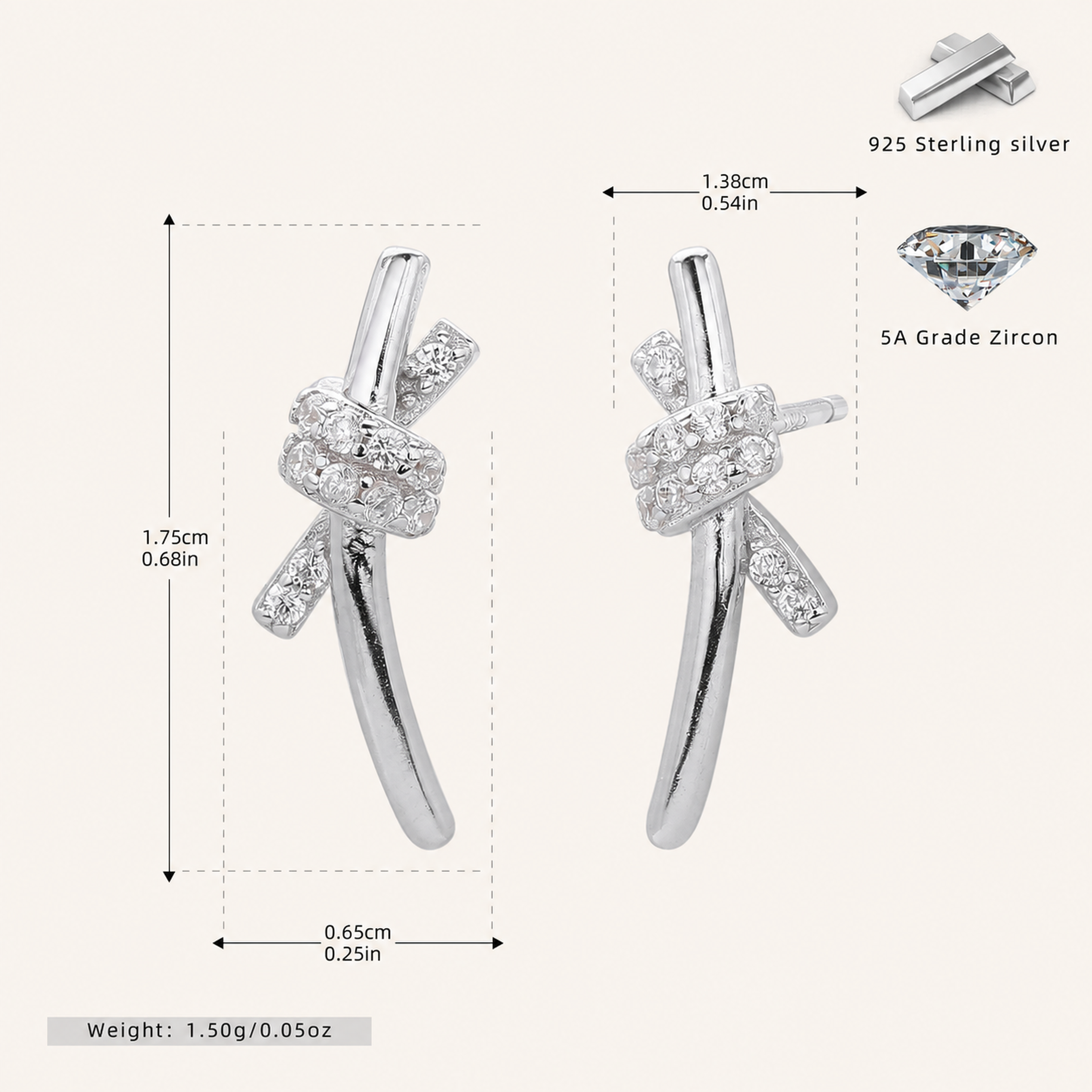 Sterling Silver Pave Zirconia Knot Stud Earrings - Platinum