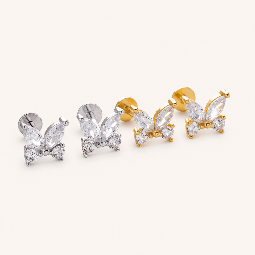 Sterling Silver Butterfly Zirconia Flat Back Earrings detail