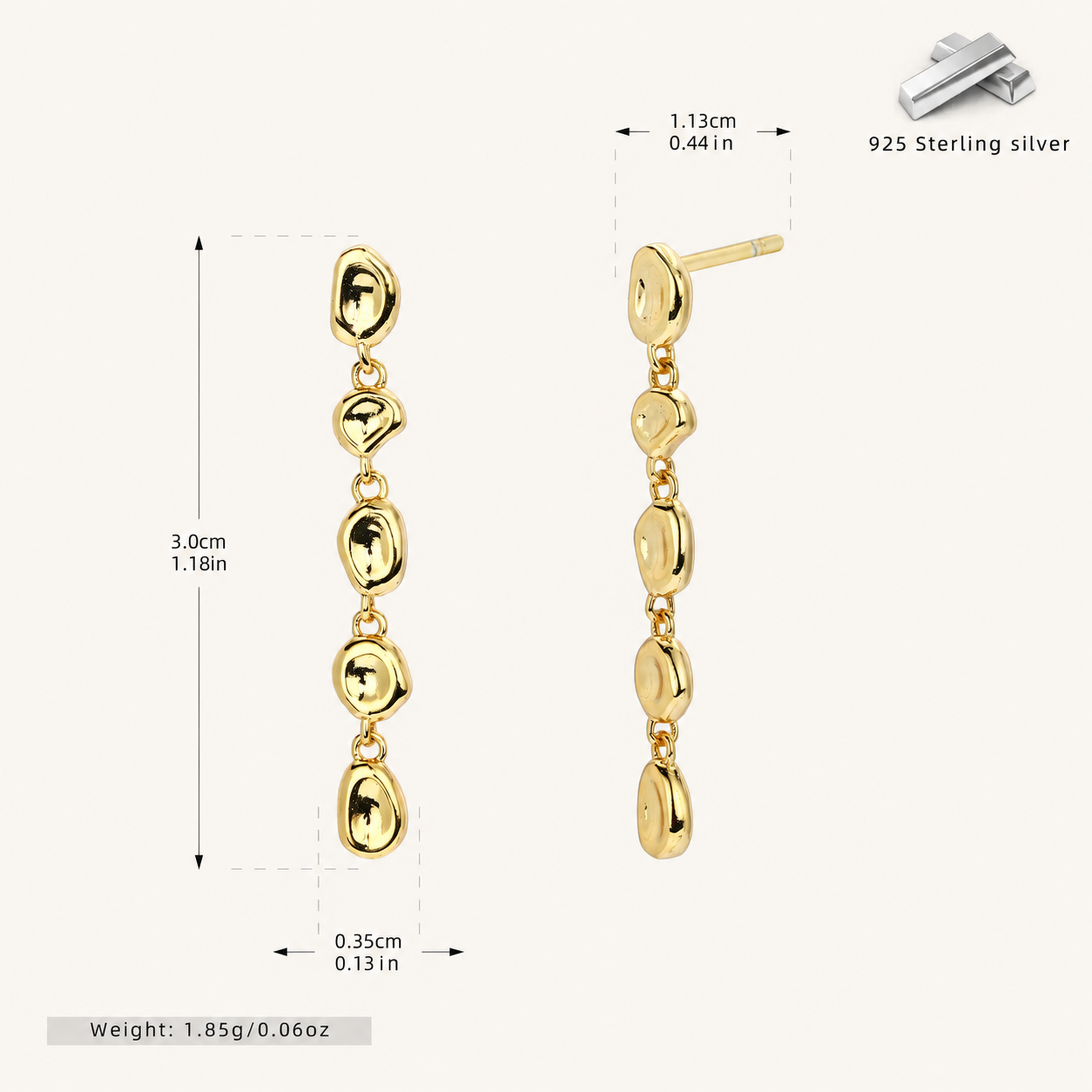 Sterling Silver Hammered Bead Drop Stud Earrings - Gold