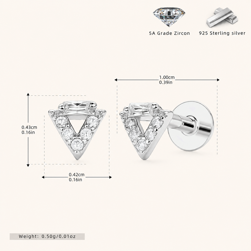 Sterling Silver Openwork Triangle Zirconia Flat Back Earrings - Platinum