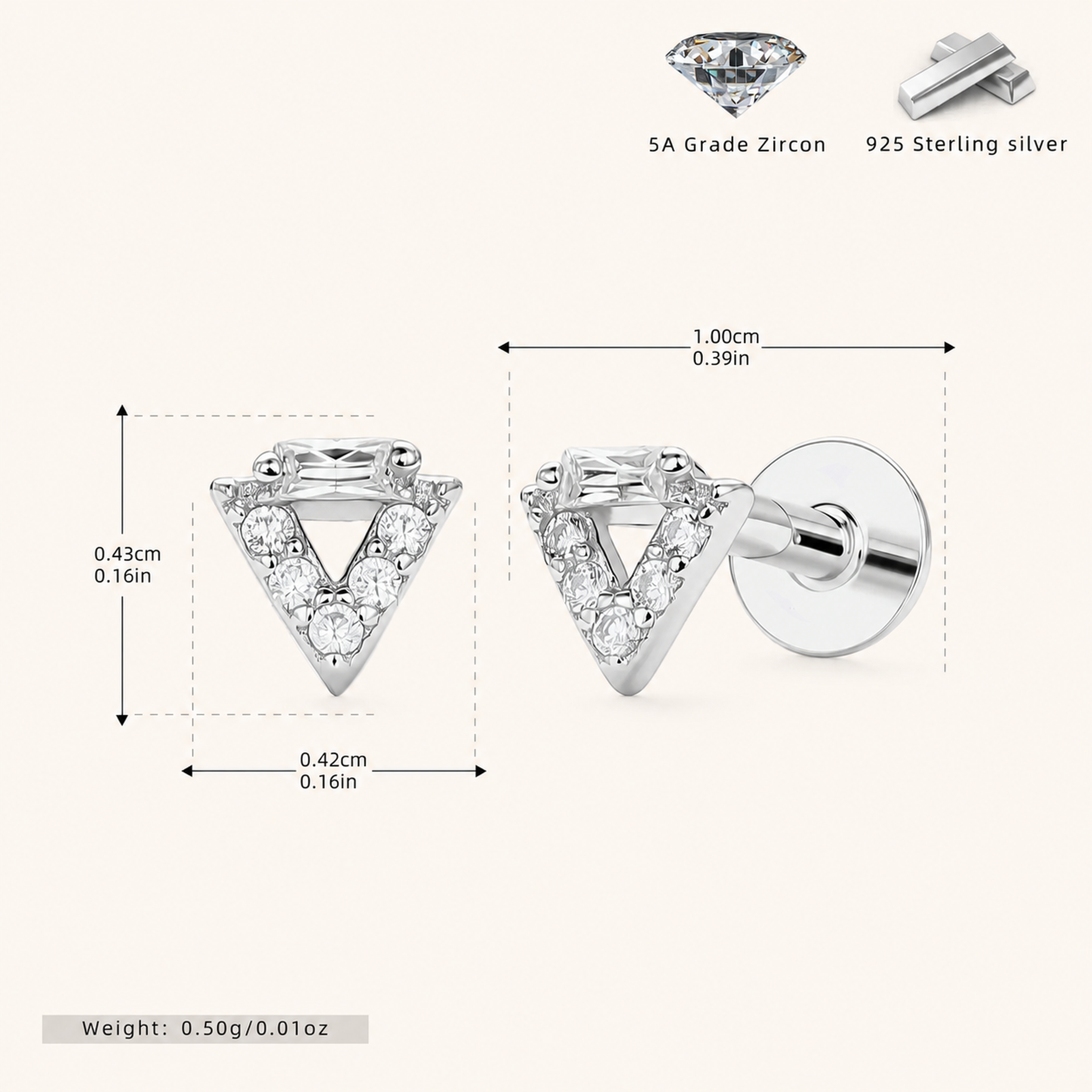 Sterling Silver Openwork Triangle Zirconia Flat Back Earrings - Platinum