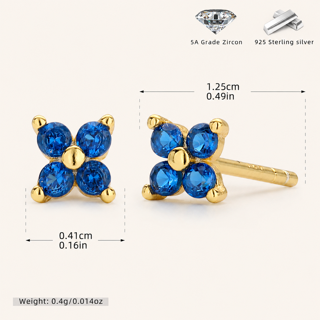 Sterling Silver Four-Petal Flower Stud Earrings - Gold / Blue