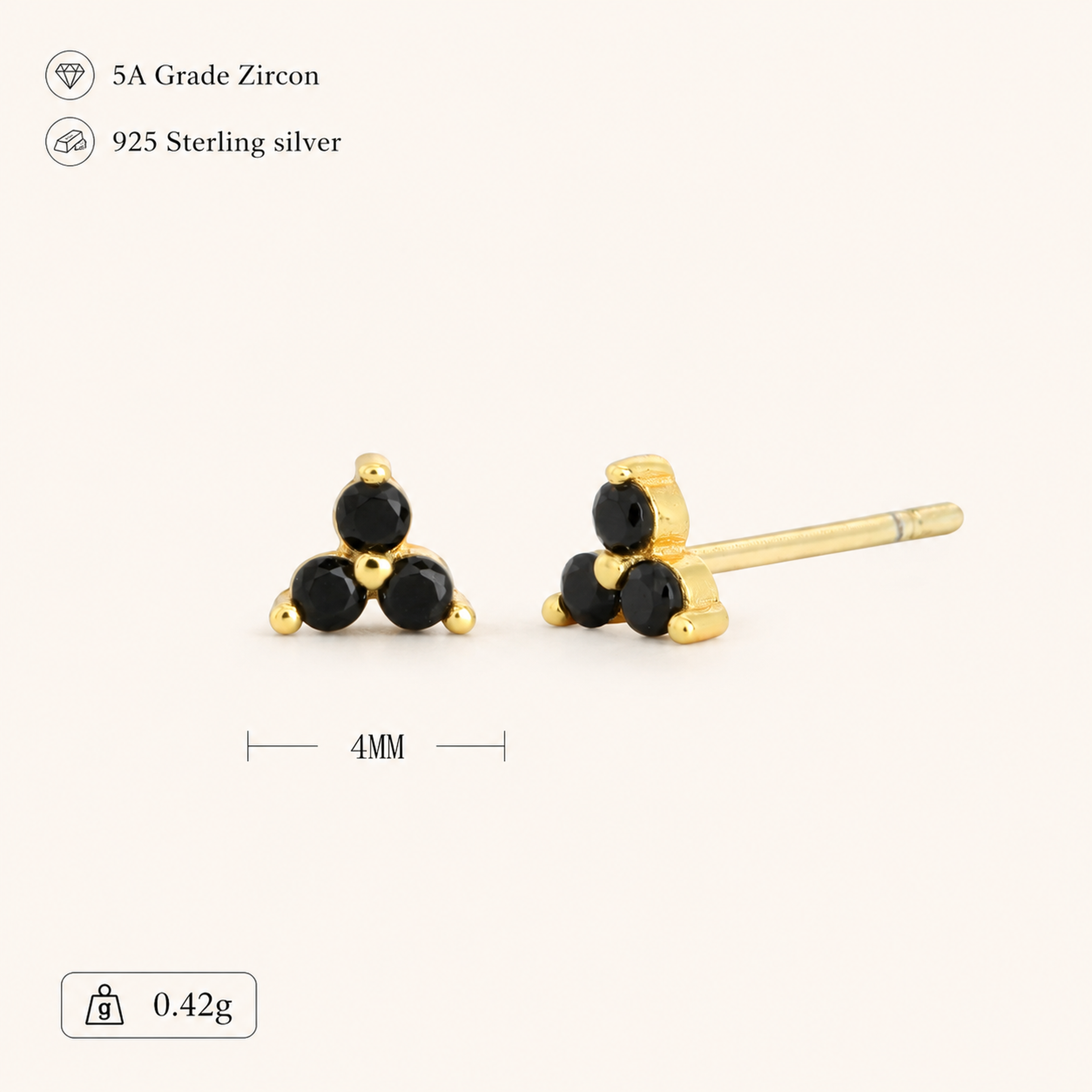 Sterling Silver Triangle Zirconia Stud Earrings - Gold / Black Zircon