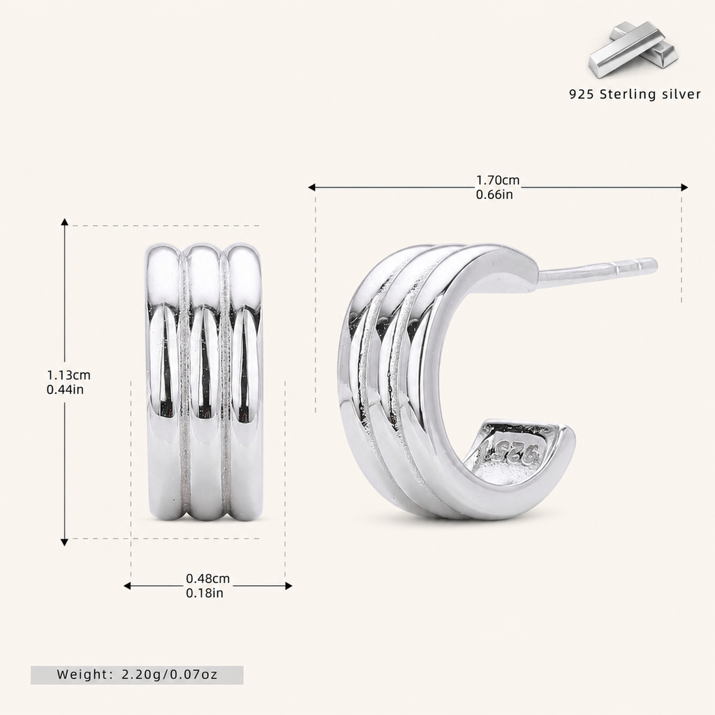 Sterling Silver Triple Layered C-Curve Stud Earrings - Platinum