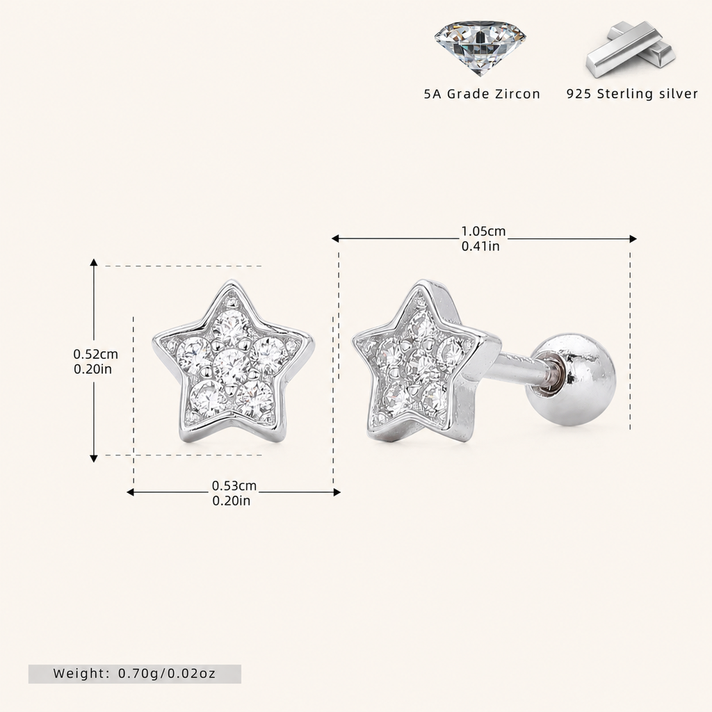 Sterling Silver Zirconia Star Flat Back Earrings - Platinum