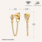 Sterling Silver Rhombus Zirconia Chain Drop Stud Earrings - Gold