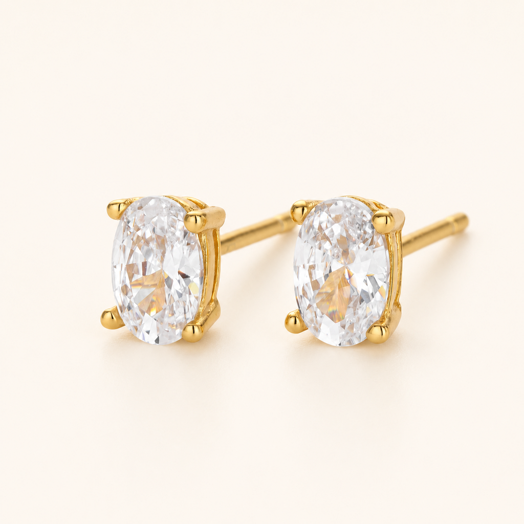 Sterling Silver Geometric Oval Zirconia Stud Earrings detail