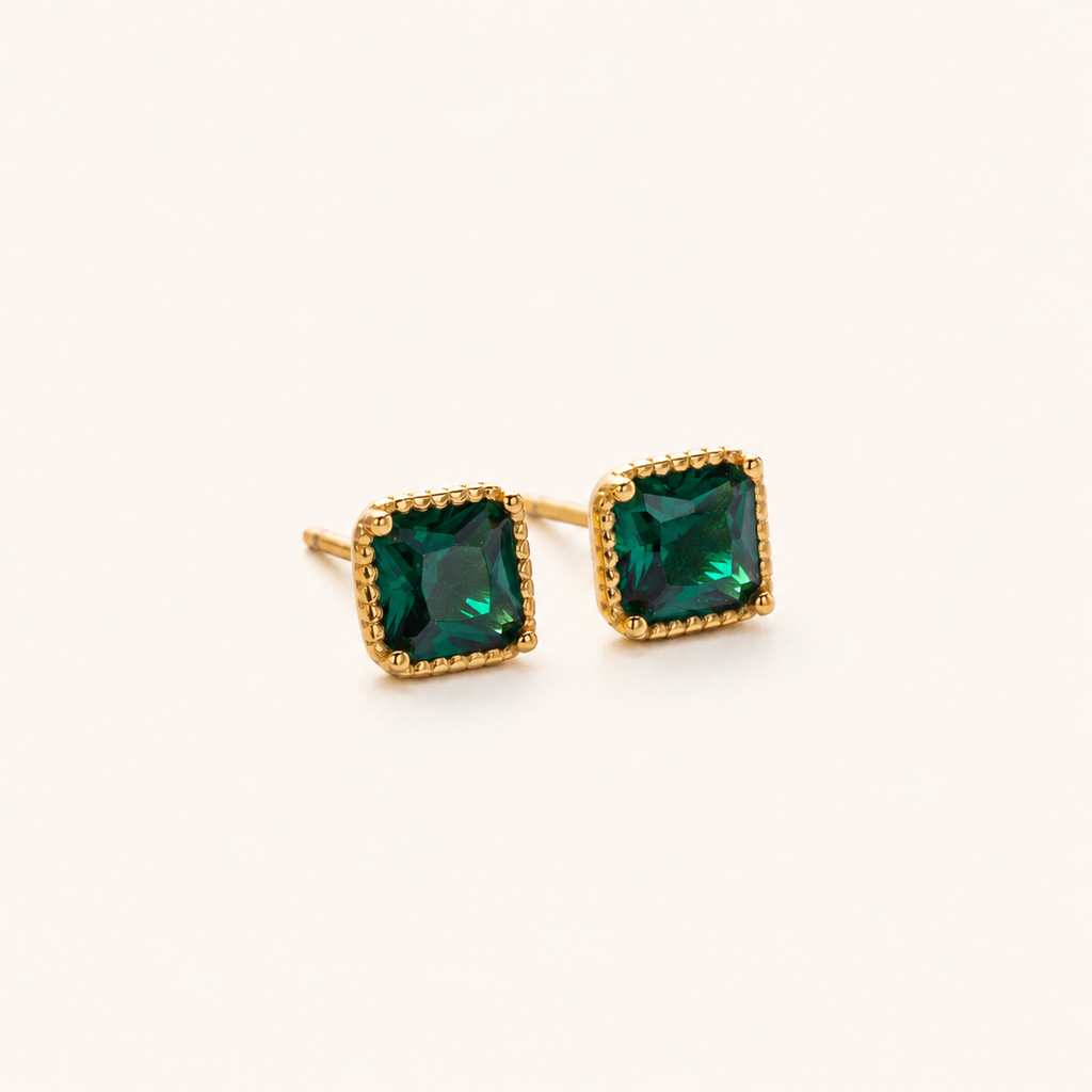 Sterling Silver Square Emerald-Green Zirconia Stud Earrings detail