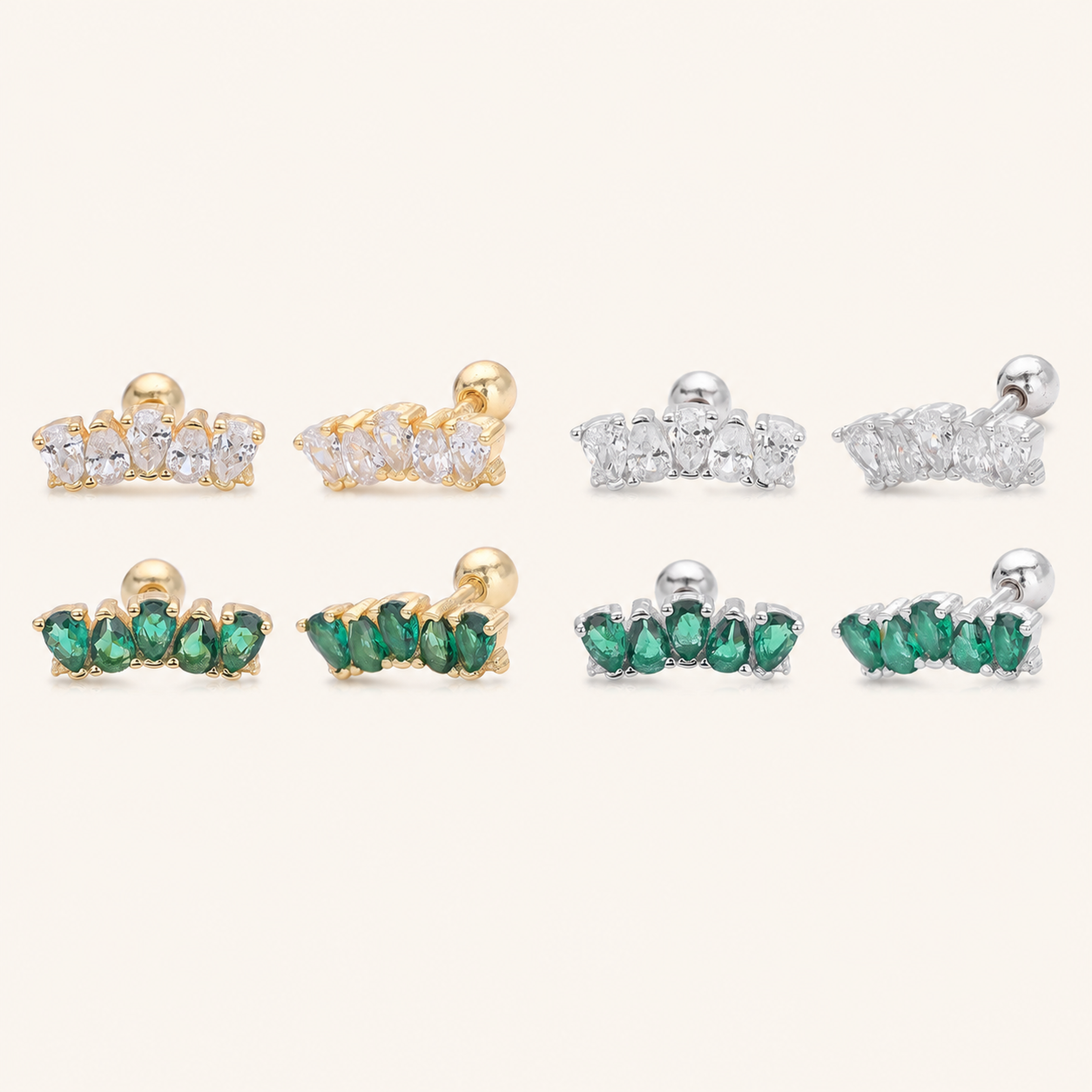 Sterling Silver Emerald-Green Teardrop Zirconia Flat Back Earrings