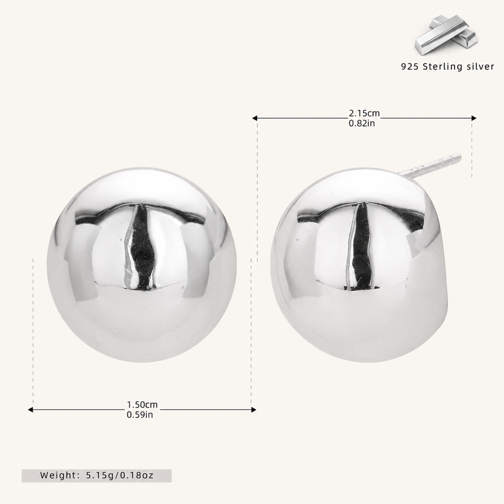 Sterling Silver Polished Half-Circle Stud Earrings - Platinum / 15mm