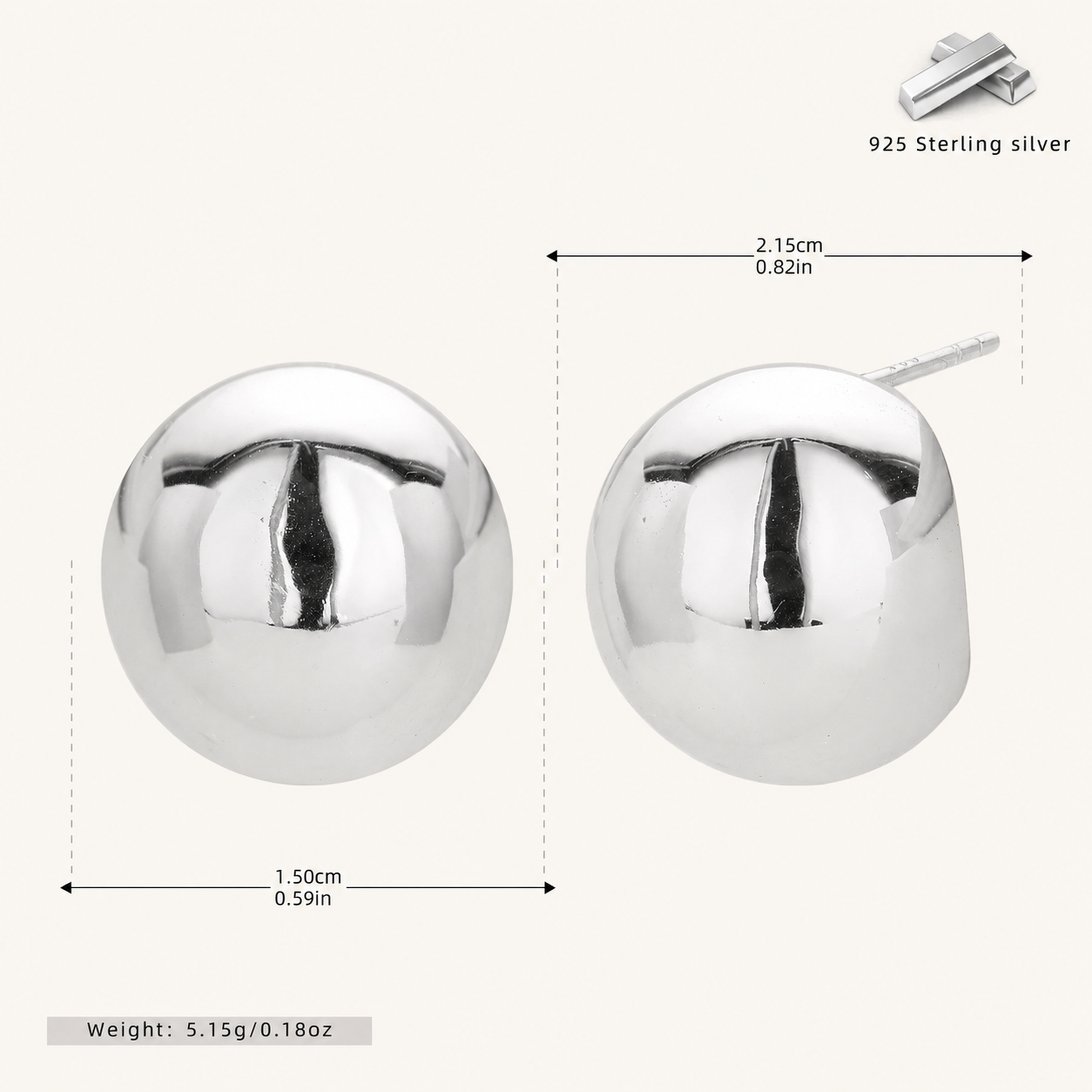 Sterling Silver Polished Half-Circle Stud Earrings - Platinum / 15mm
