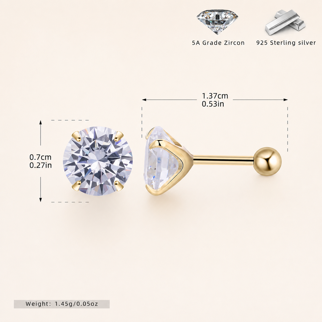 Sterling Silver Four-Prong Zirconia Flat Back Earrings - Gold / 7mm