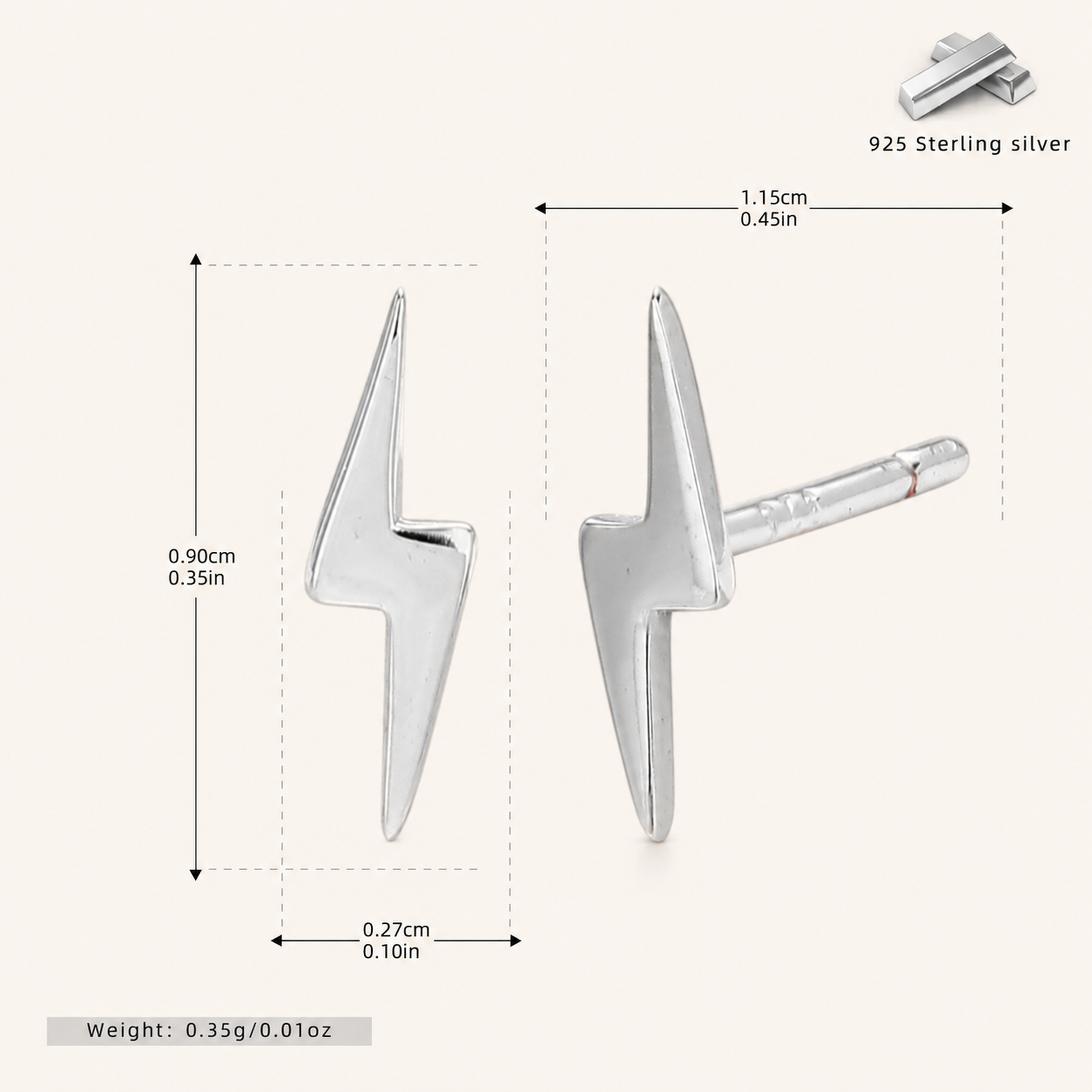 Sterling Silver Lightning Bolt Stud Earrings - Platinum