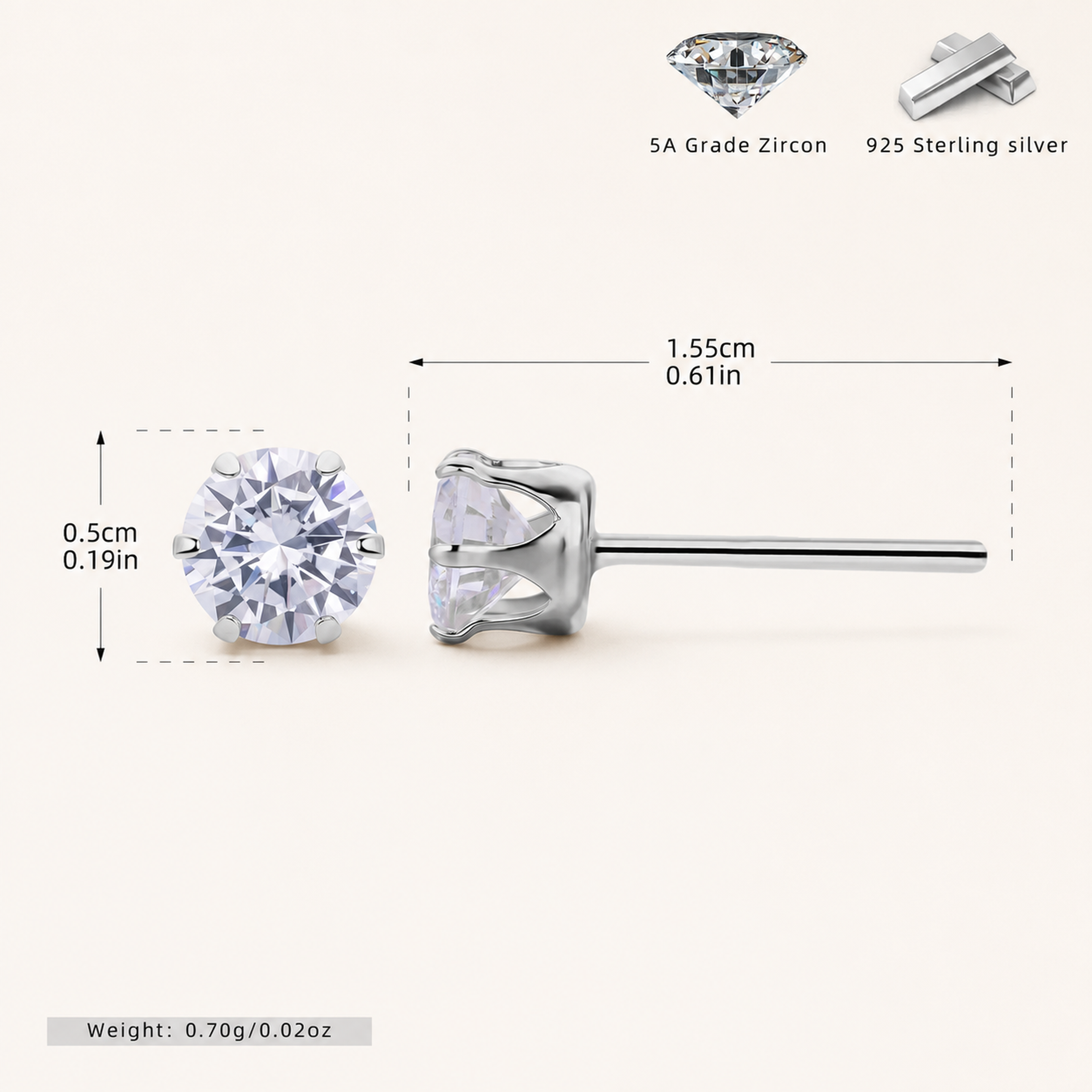 Sterling Silver Six-Prong Zirconia Stud Earrings - Platinum / 5mm