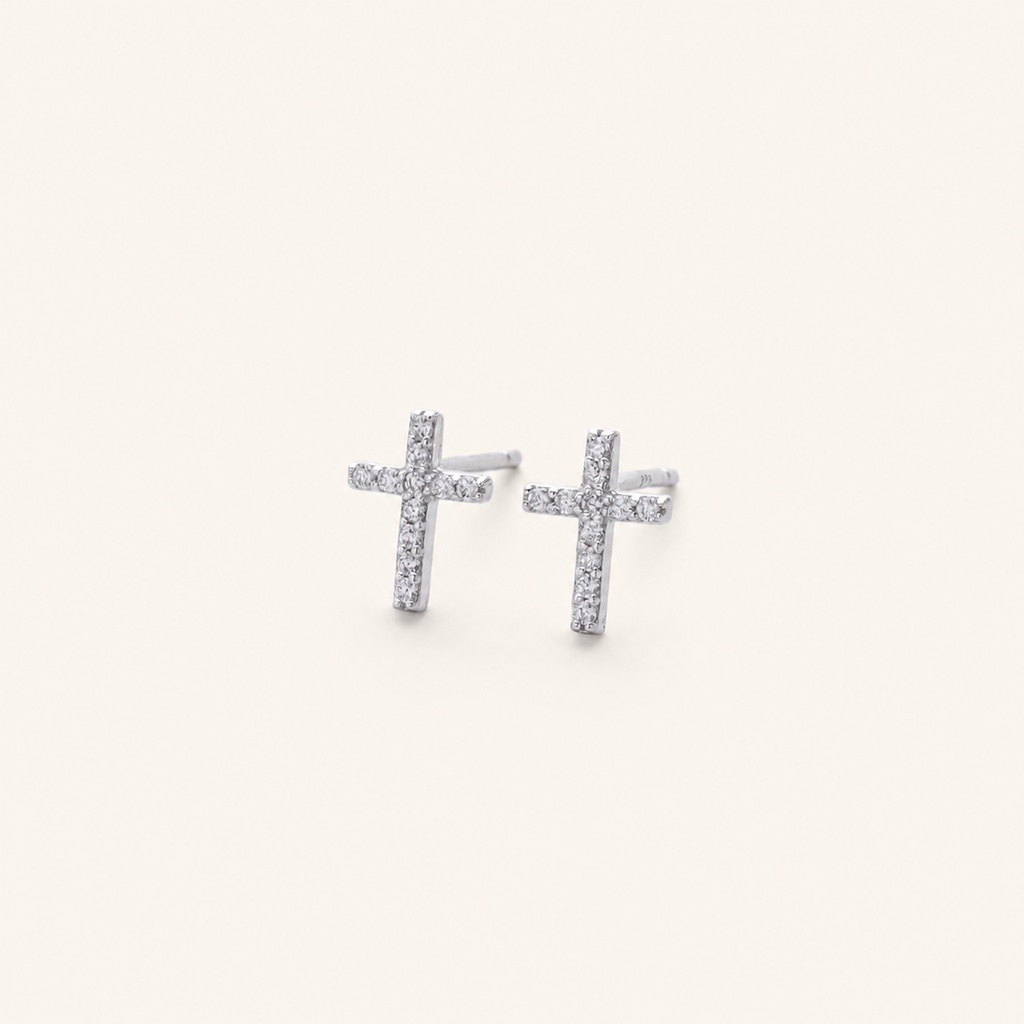 Sterling Silver Zirconia Cross Stud Earrings detail view