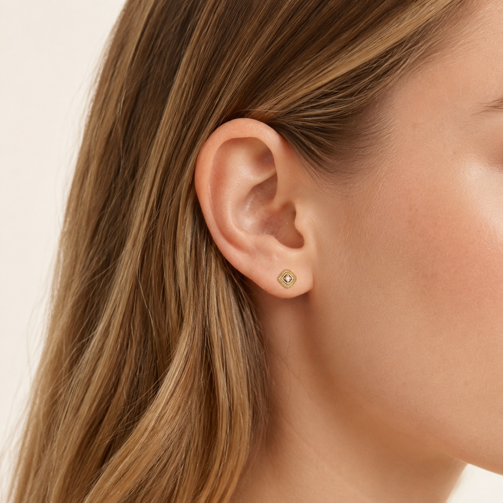 Sterling Silver French Zirconia Flat Back Earrings worn on the ear