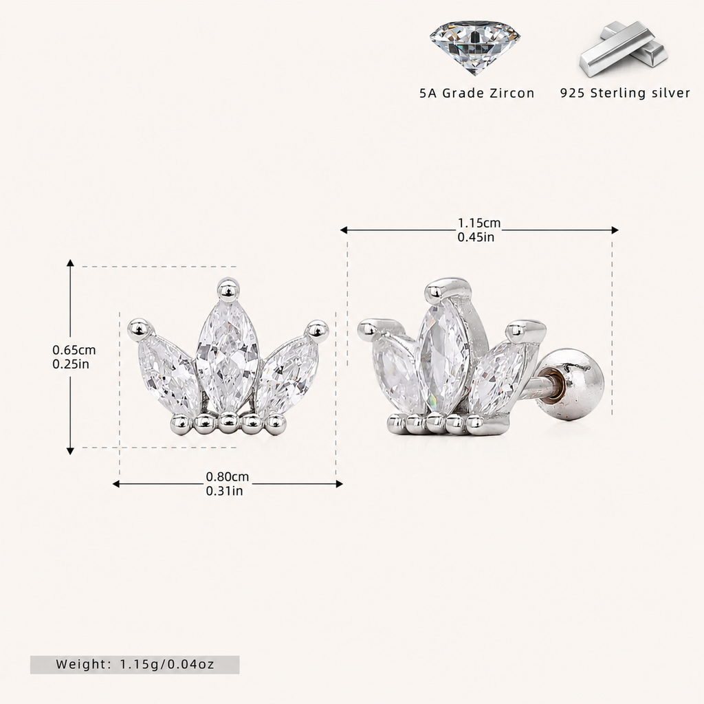 Sterling Silver Zirconia Crown Flat Back Earrings - Platinum