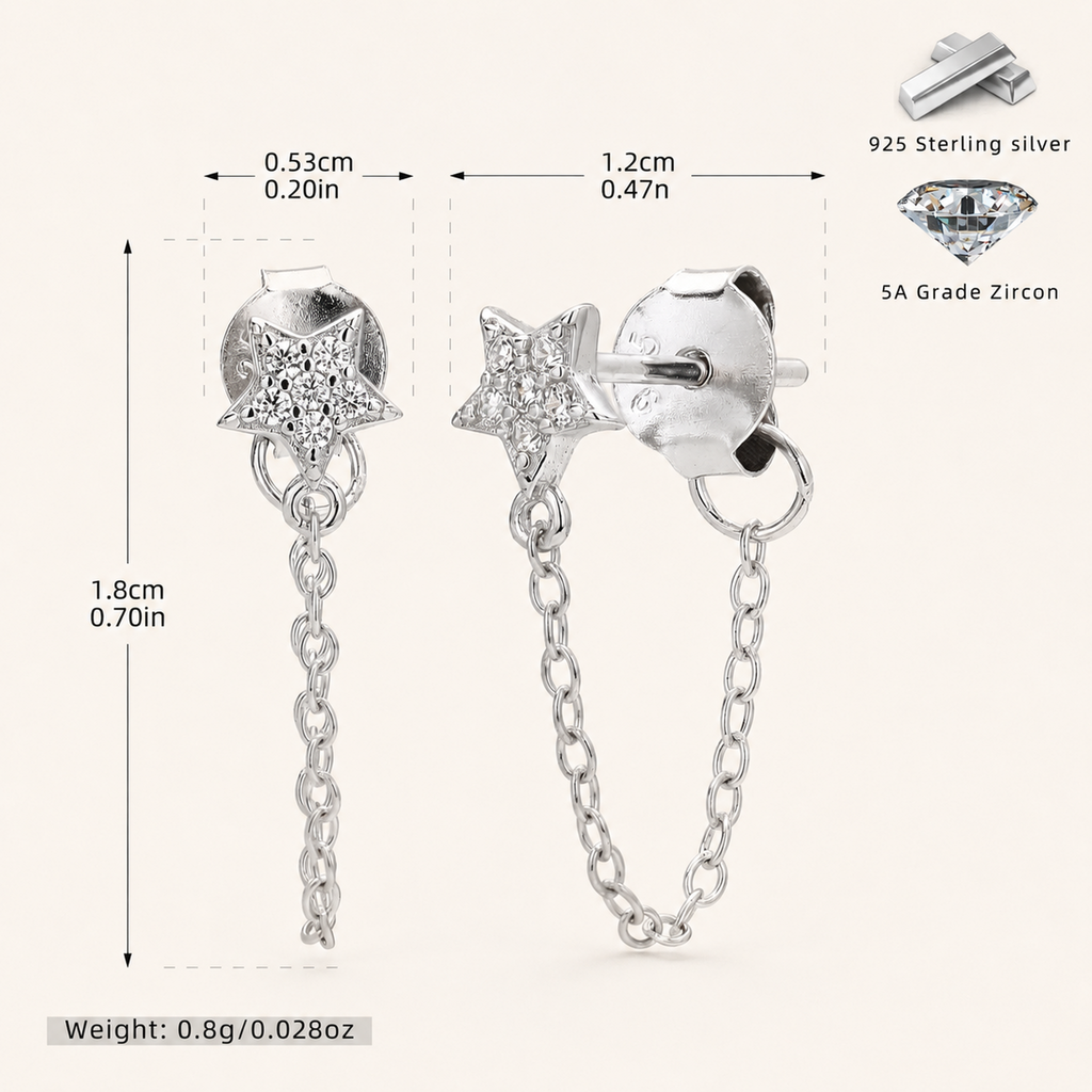 Sterling Silver Zirconia Star Chain Drop Stud Earrings - Platinum