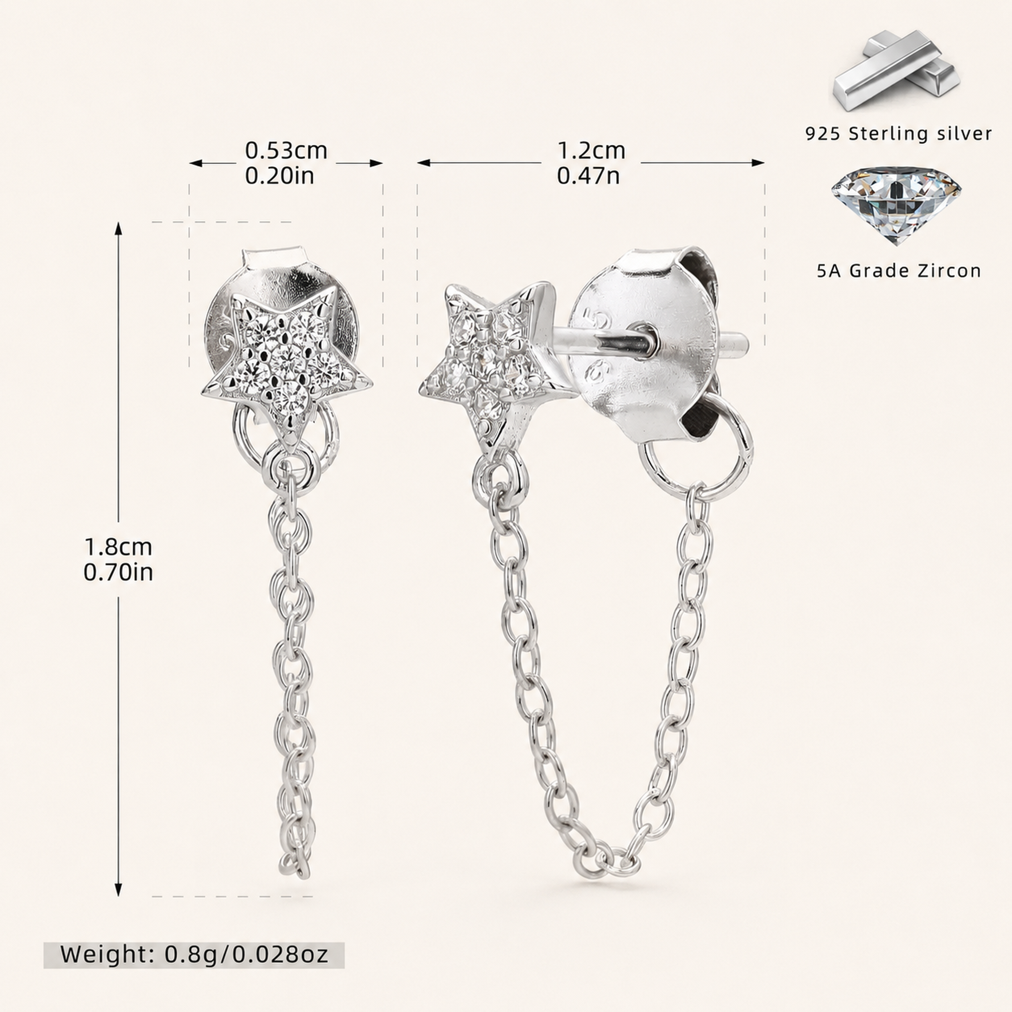 Sterling Silver Zirconia Star Chain Drop Stud Earrings - Platinum