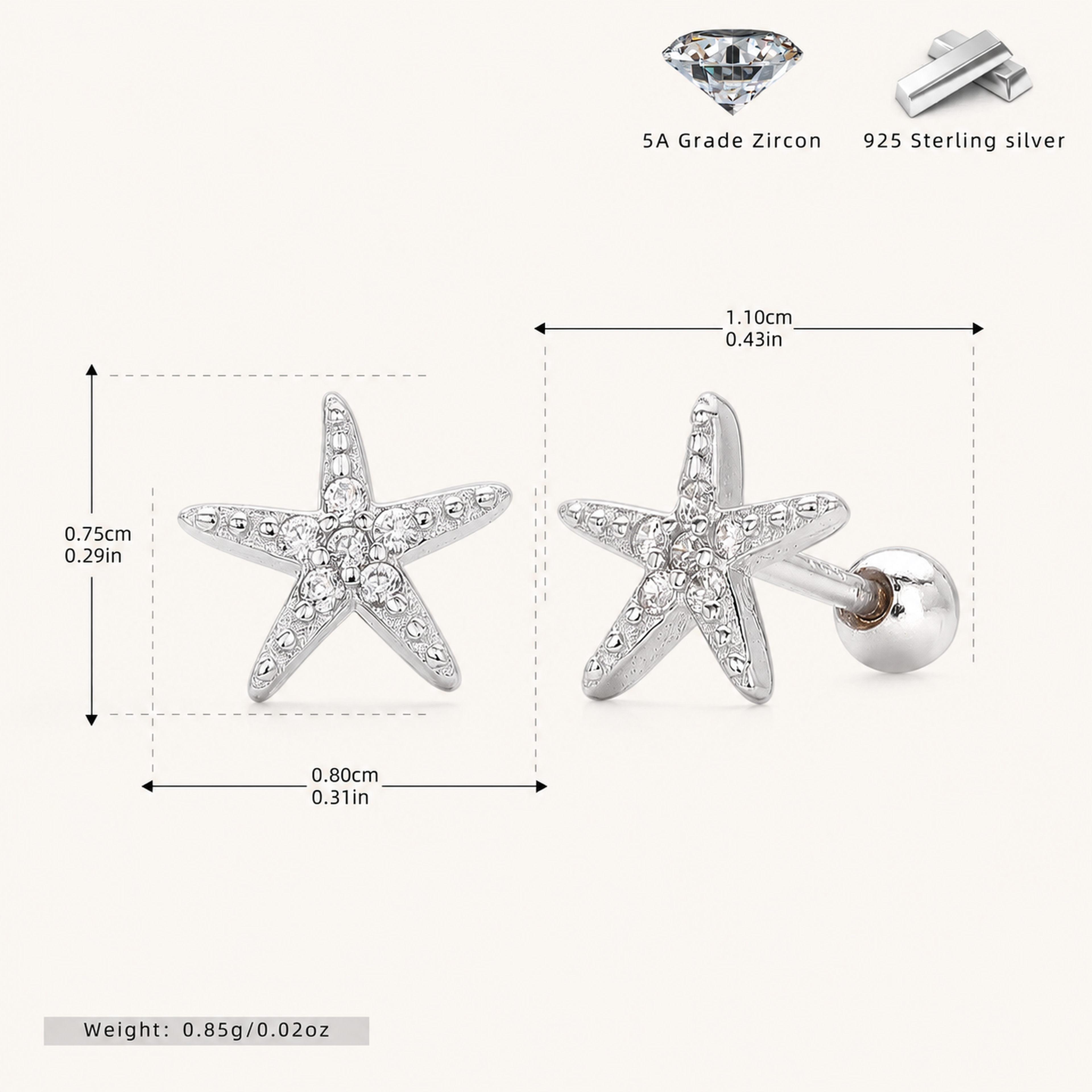 Sterling Silver Starfish Zirconia Flat Back Earrings - Platinum