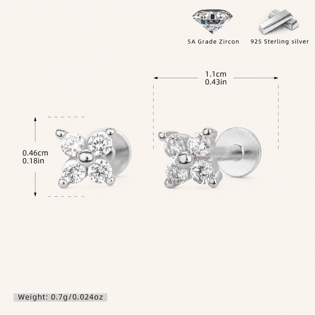 Sterling Silver Four-Leaf Clover Zirconia Flat Back Earrings - Platinum / 4.5mm