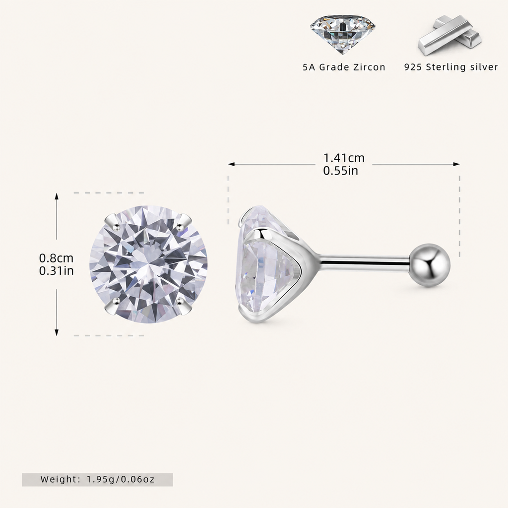 Sterling Silver Four-Prong Zirconia Flat Back Earrings - Platinum / 8mm