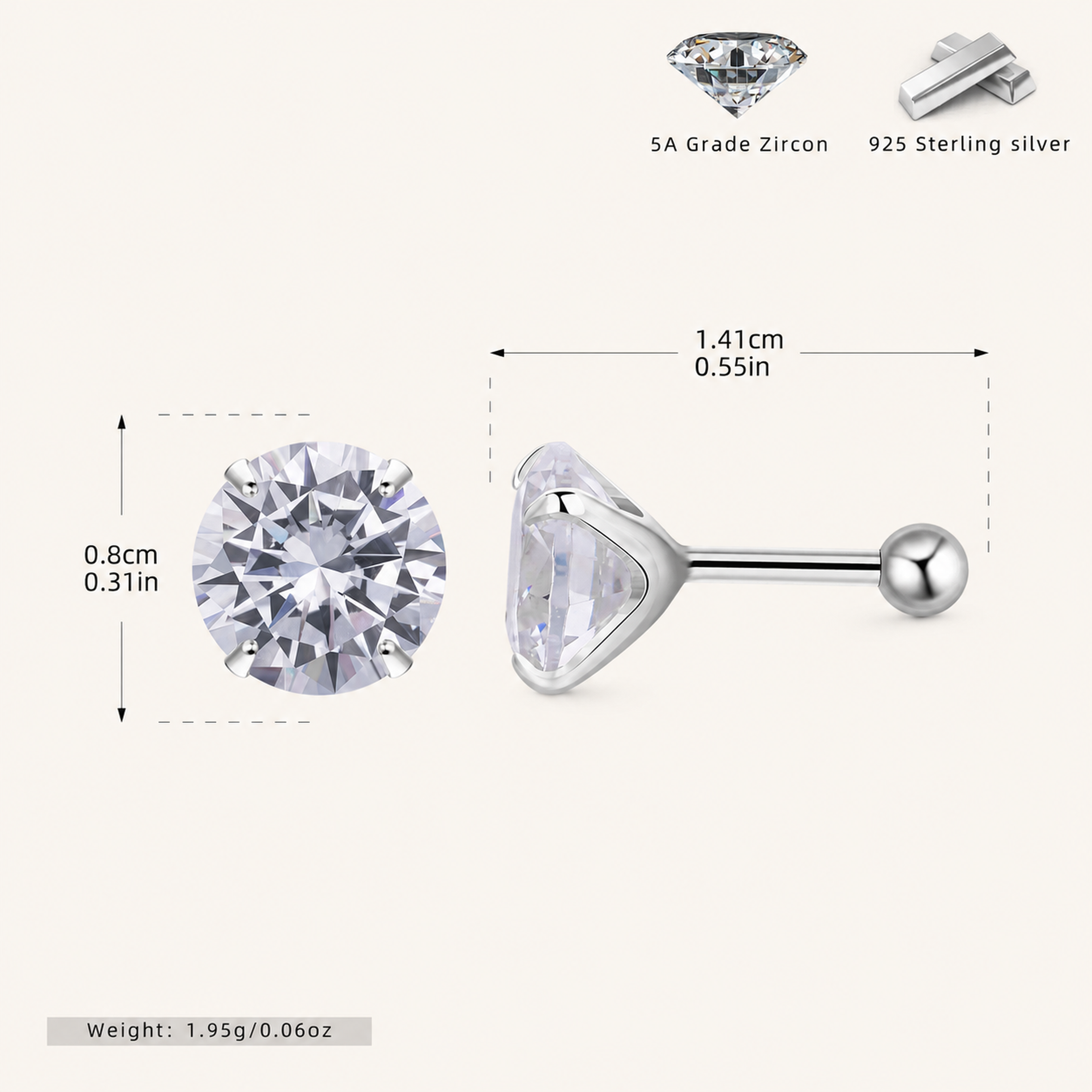 Sterling Silver Four-Prong Zirconia Flat Back Earrings - Platinum / 8mm