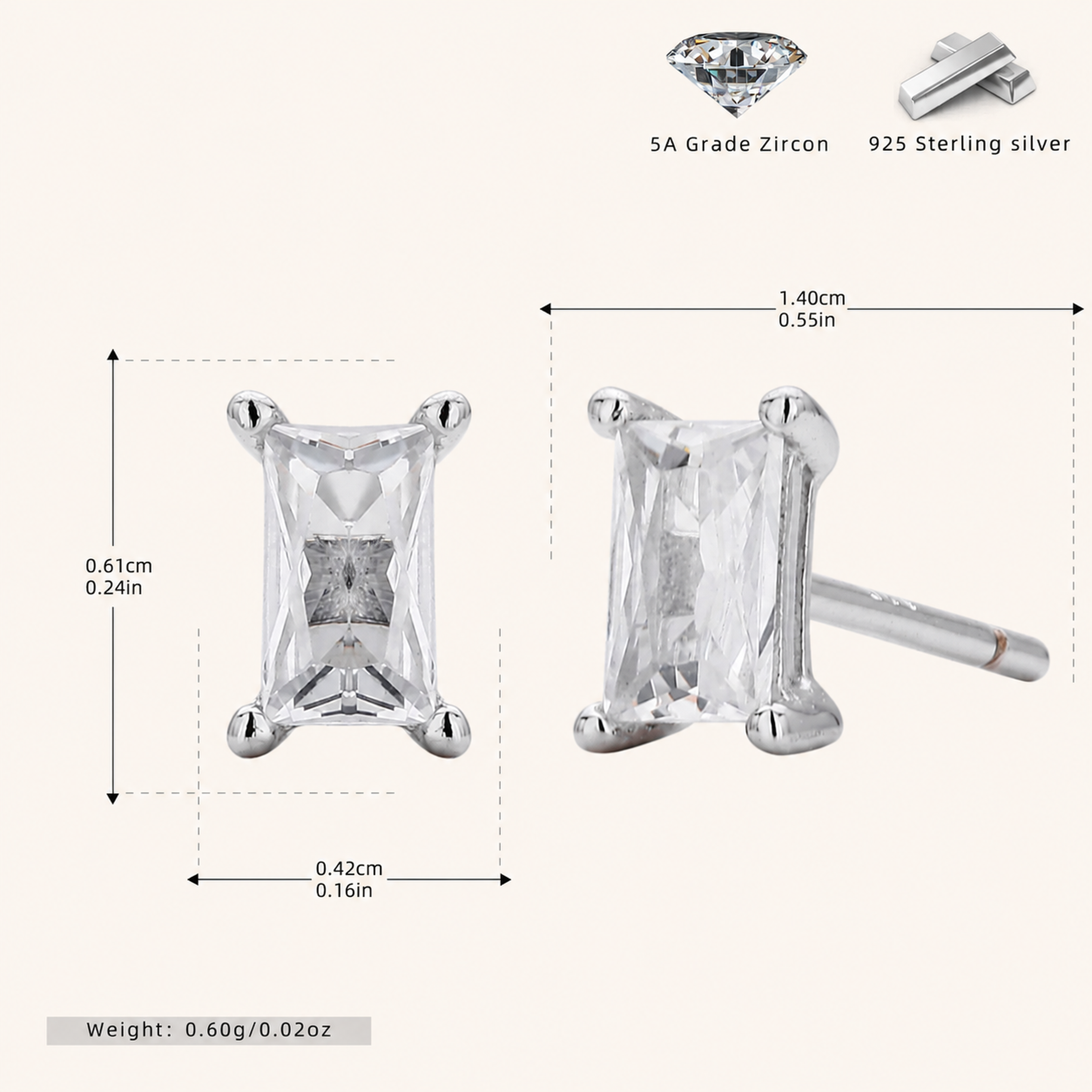 Sterling Silver Square Zirconia Stud Earrings - Platinum
