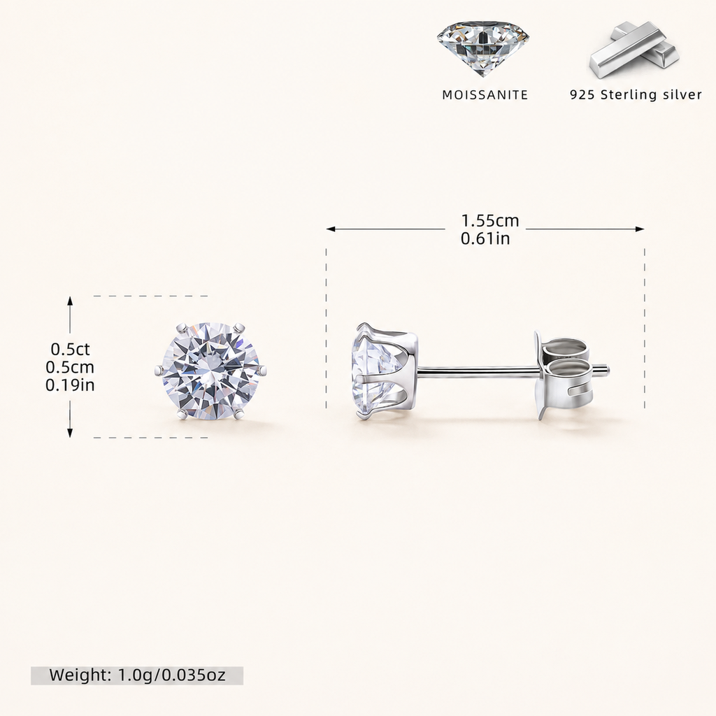 Sterling Silver Six-Prong Moissanite Solitaire Stud Earrings - Platinum / 5mm