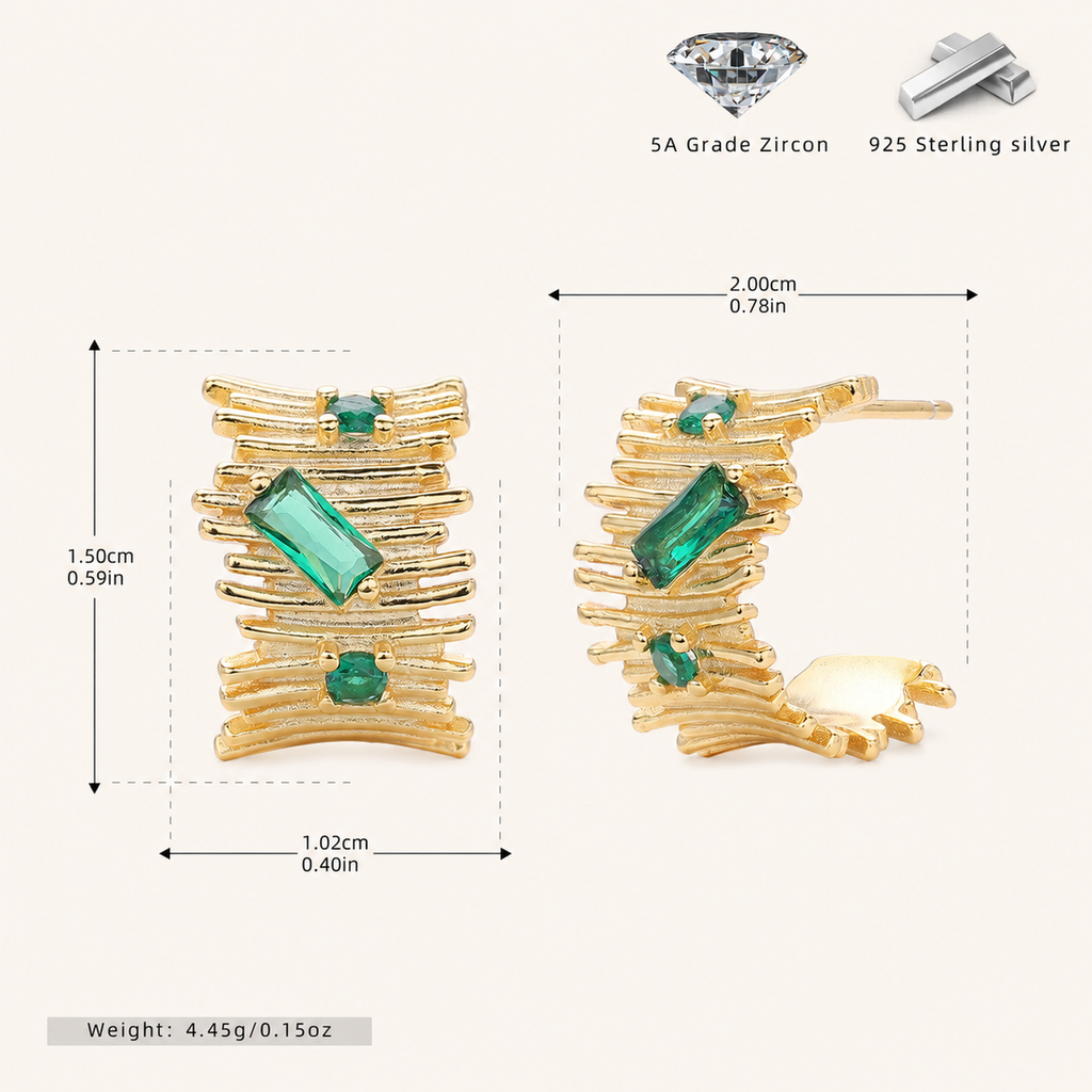 Sterling Silver Irregular C-Shape Zirconia Stud Earrings - Gold