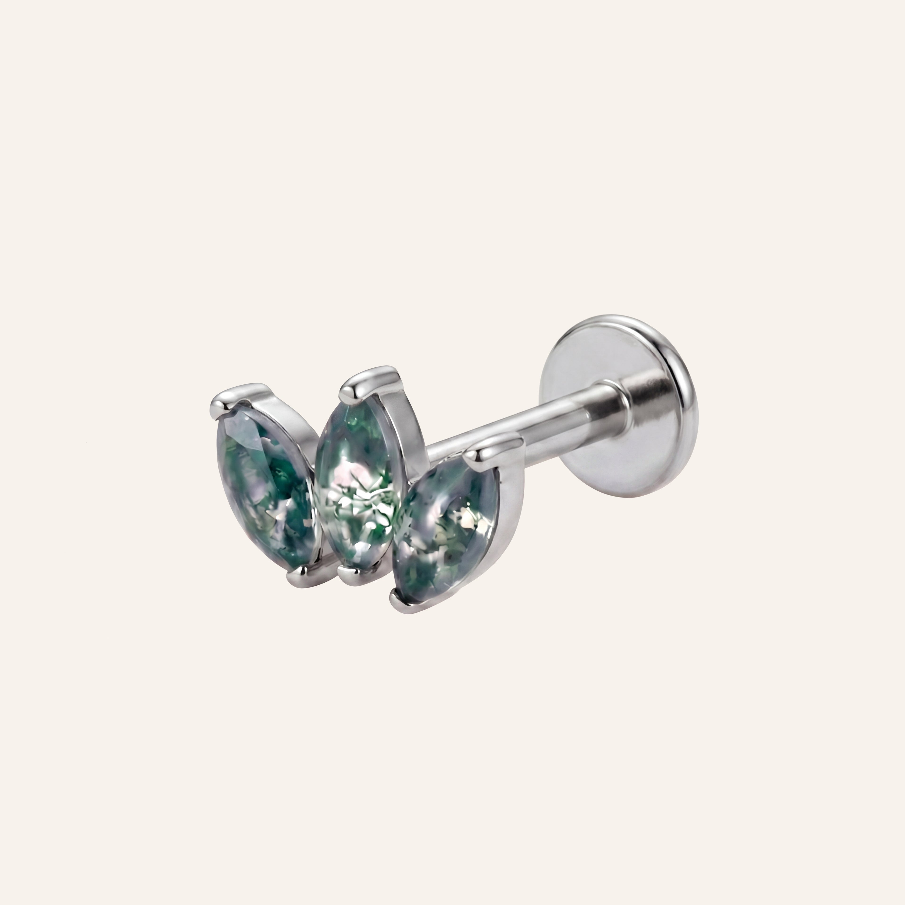 Moss Agate Leaf Cluster Titanium Flat Back Earring - Silver